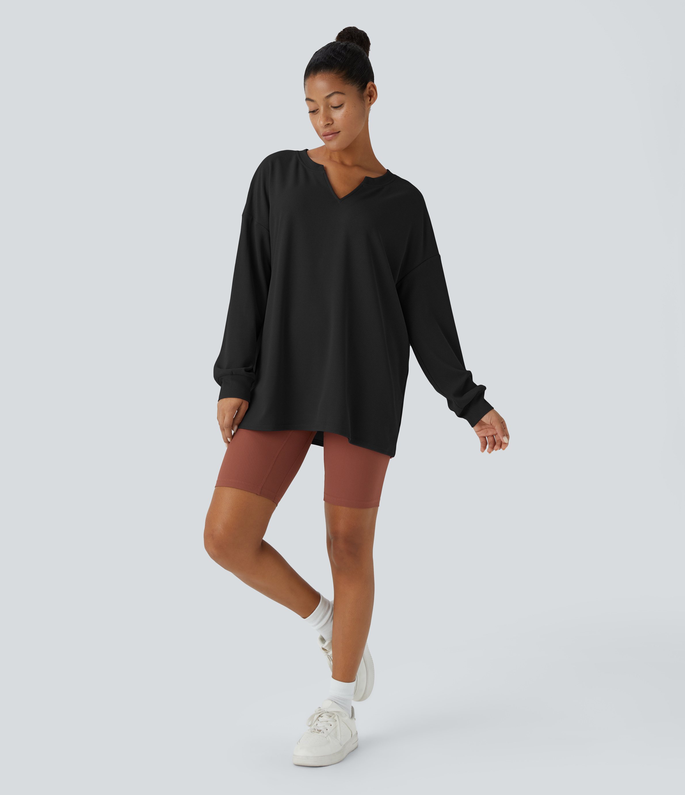 Halara V Neck Dropped Shoulder Relaxed Waffle Casual Sweatshirt  - Black - XS 