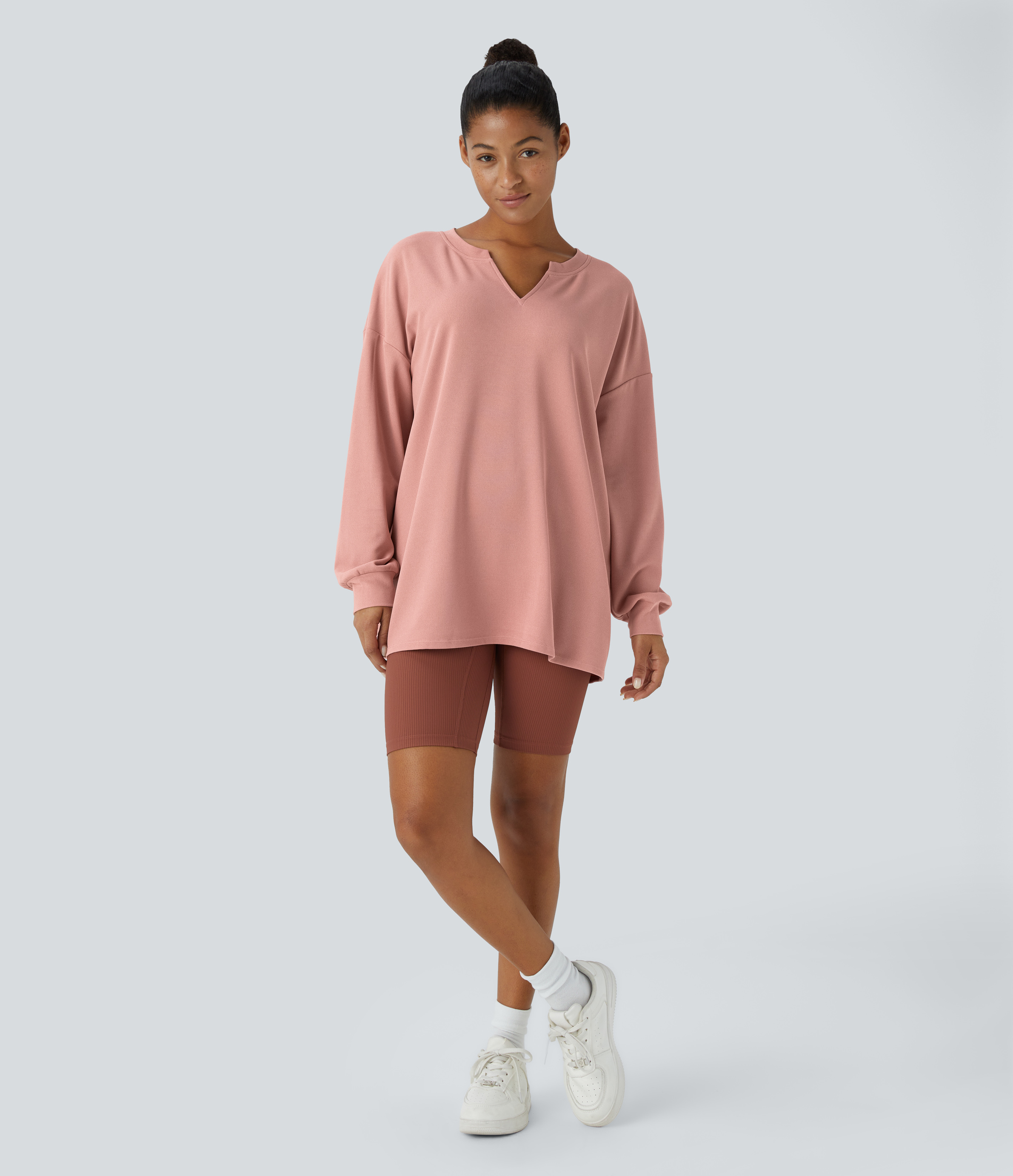Halara V Neck Dropped Shoulder Relaxed Waffle Casual Sweatshirt  - Rose Tan - XL 