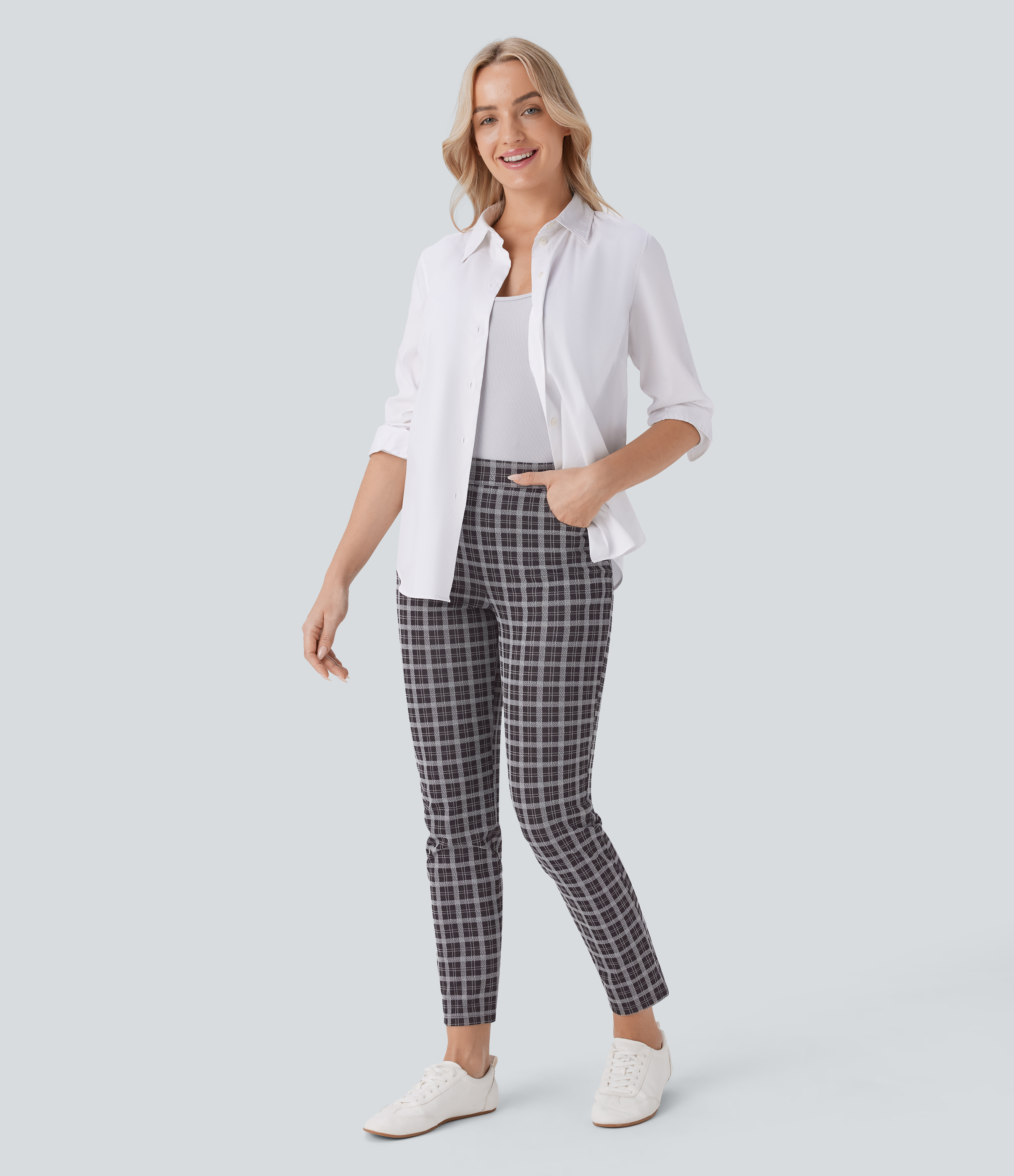Halara High Waisted Multiple Pockets Plaid Slim Work Pants  - Black White Maine Coon Plaid - S(regular) sweatpants jogger pants 