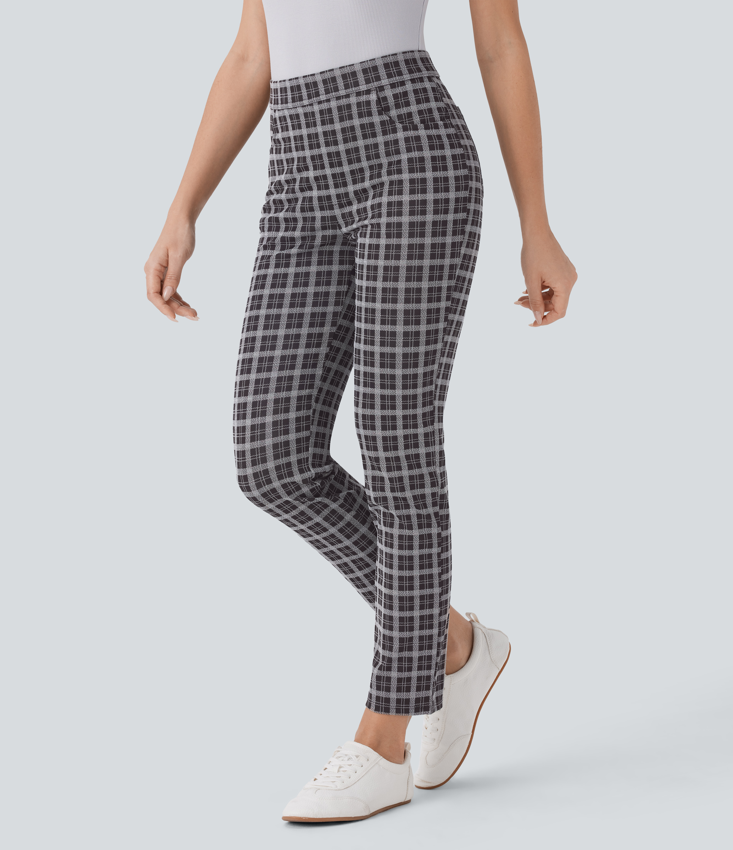 Halara High Waisted Multiple Pockets Plaid Slim Work Pants  - Black White Maine Coon Plaid - S(regular) sweatpants jogger pants 