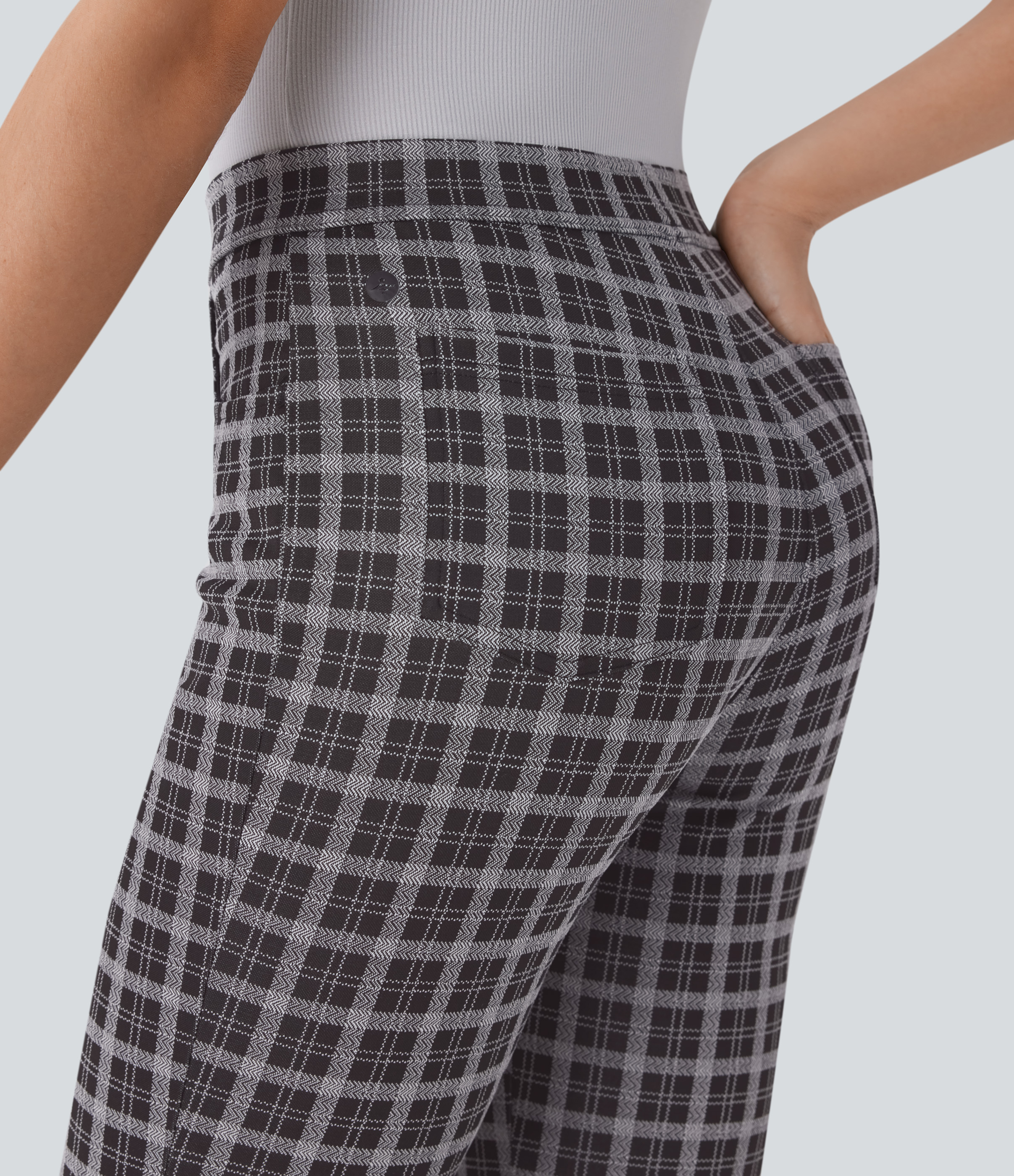 Halara High Waisted Multiple Pockets Plaid Slim Work Pants  - Black White Maine Coon Plaid - S(regular) sweatpants jogger pants 
