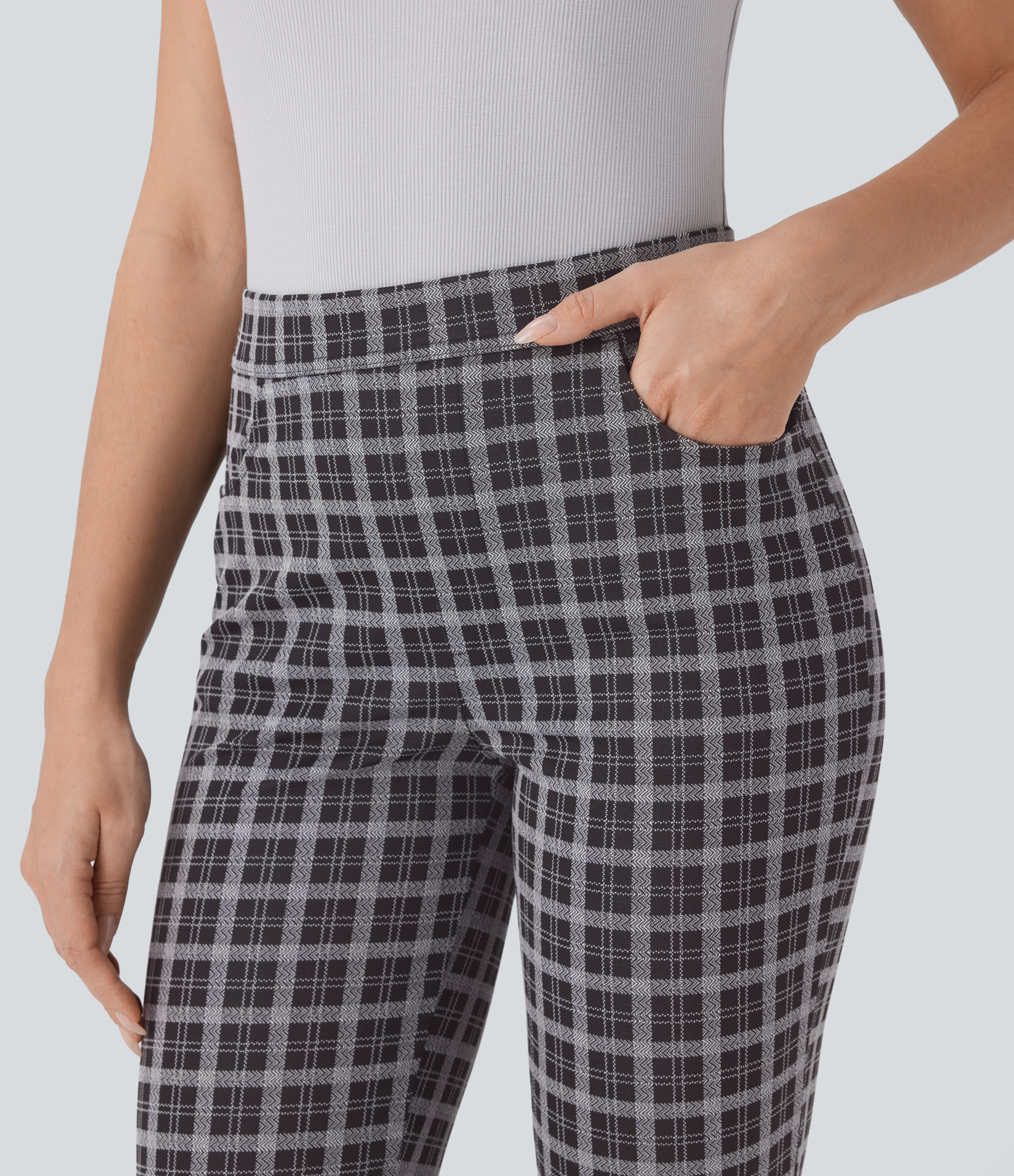 Halara High Waisted Multiple Pockets Plaid Slim Work Pants  - Black White Maine Coon Plaid - S(regular) sweatpants jogger pants 