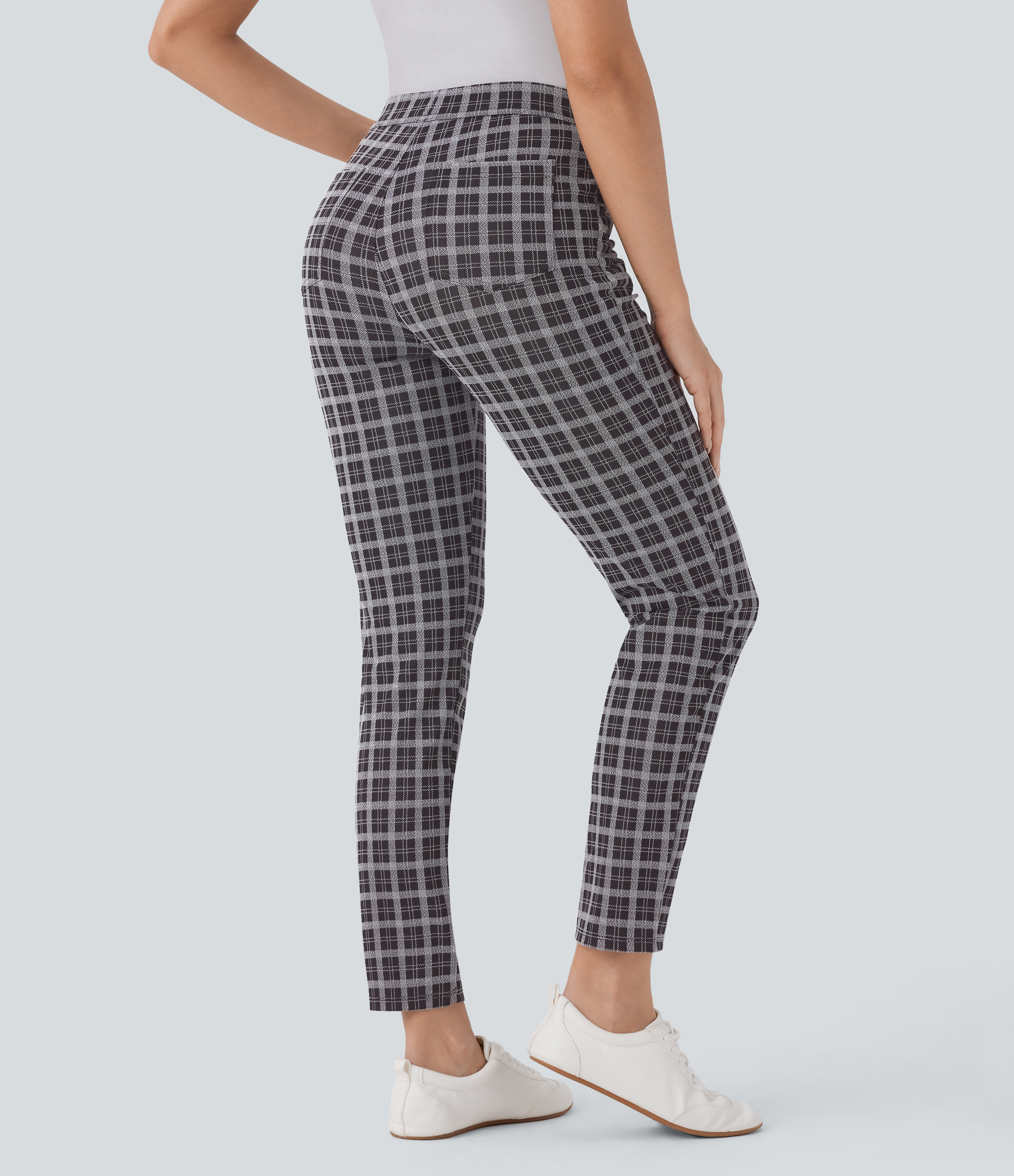 Halara High Waisted Multiple Pockets Plaid Slim Work Pants  - Black White Maine Coon Plaid - S(regular) sweatpants jogger pants 