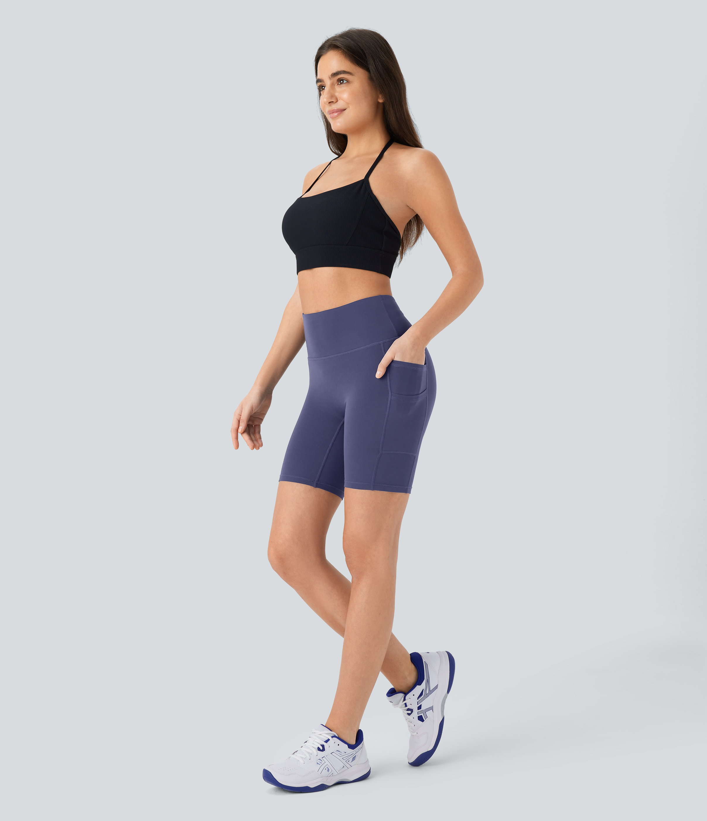 Halara Softlyzeroв„ў High Waisted Double Pockets Yoga Biker Shorts 7``-UPF50+  - Peacoat - XS biker shorts women black biker shorts 
