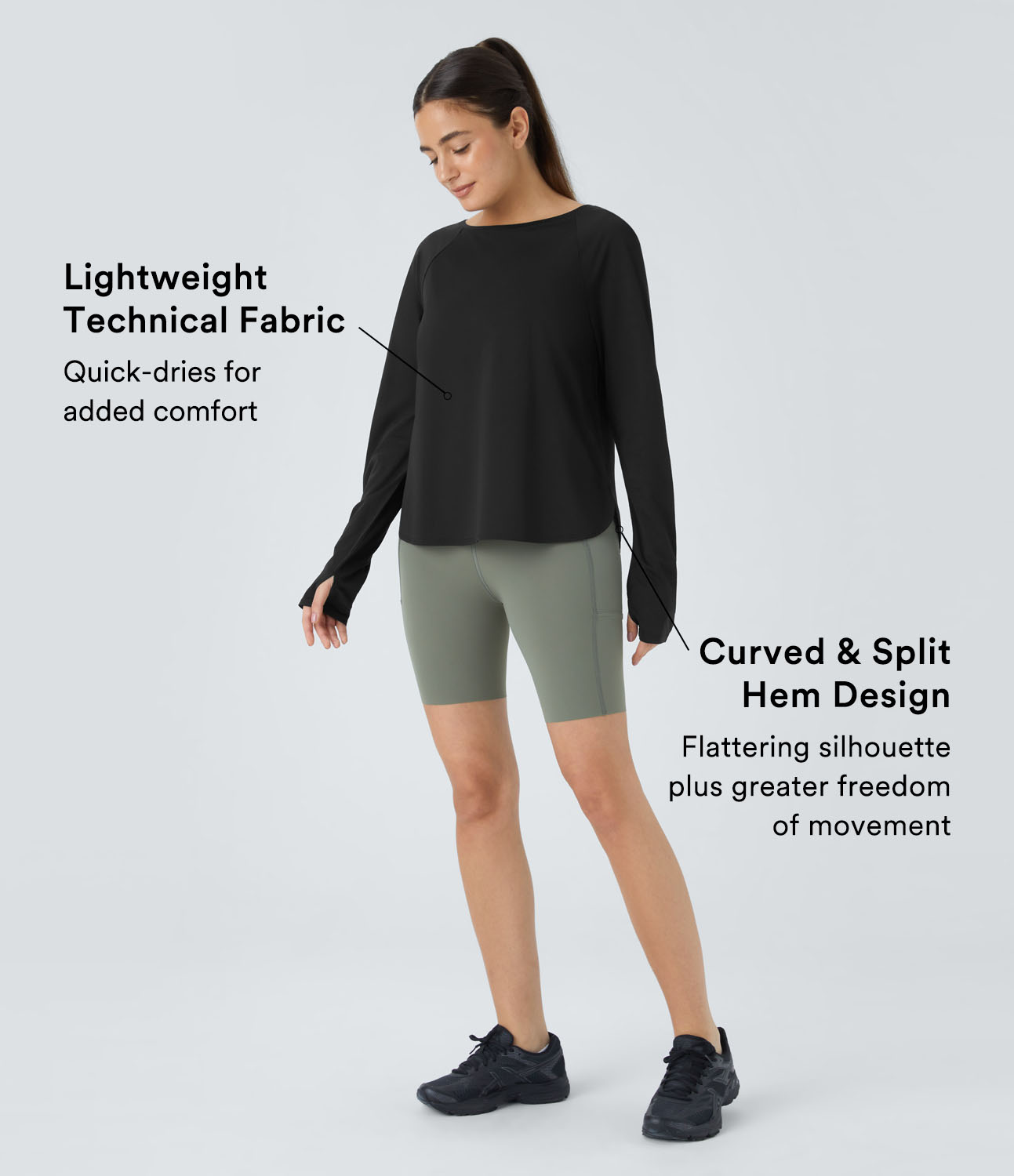 Halara Round Neck Raglan Sleeve Thumb Hole Curved Split Hem Hiking Sports Top  - Black - XL 