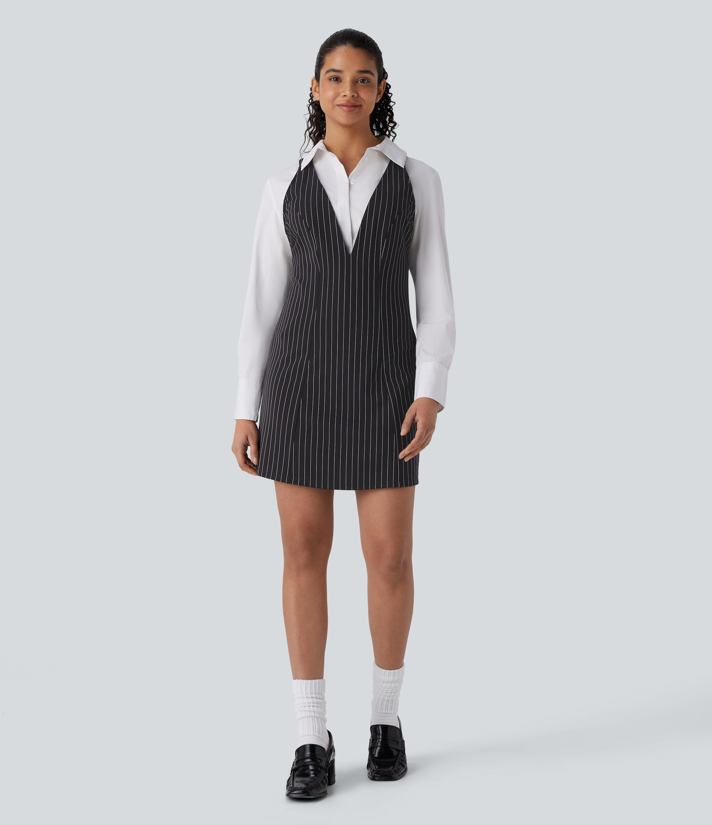 Halara V Neck Adjustable Strap Button Stripe Cool Touch Mini Work Dress Casual Dress - Black White Pinstripe - M slip dress beach dress 