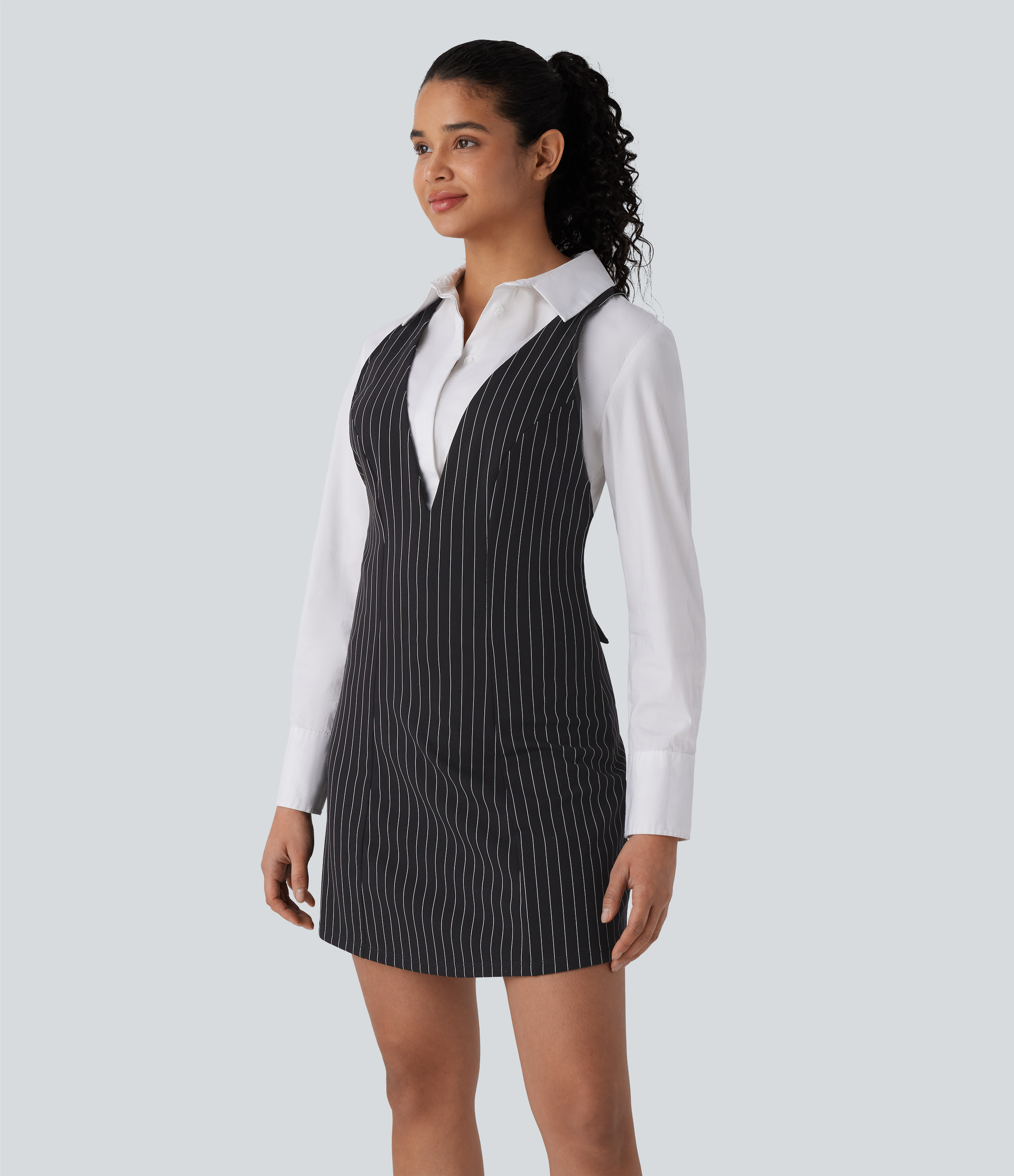Halara V Neck Adjustable Strap Button Stripe Cool Touch Mini Work Dress Casual Dress - Black White Pinstripe - M slip dress beach dress 