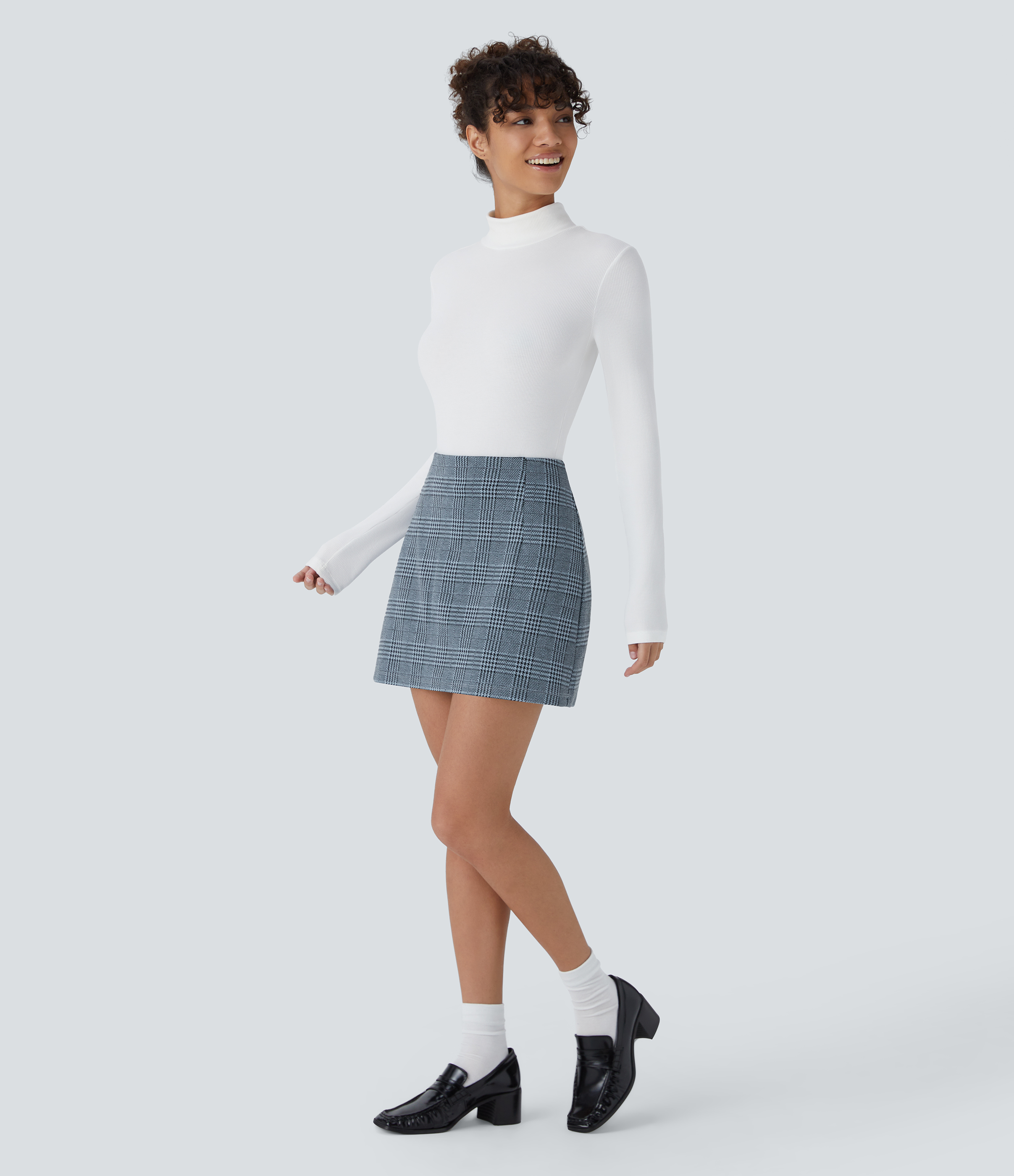 Halara High Waisted 2-in-1 Houndstooth Plaid Mini Work Skirt  - Grey Houndstooth Plaid - XL(regular) 