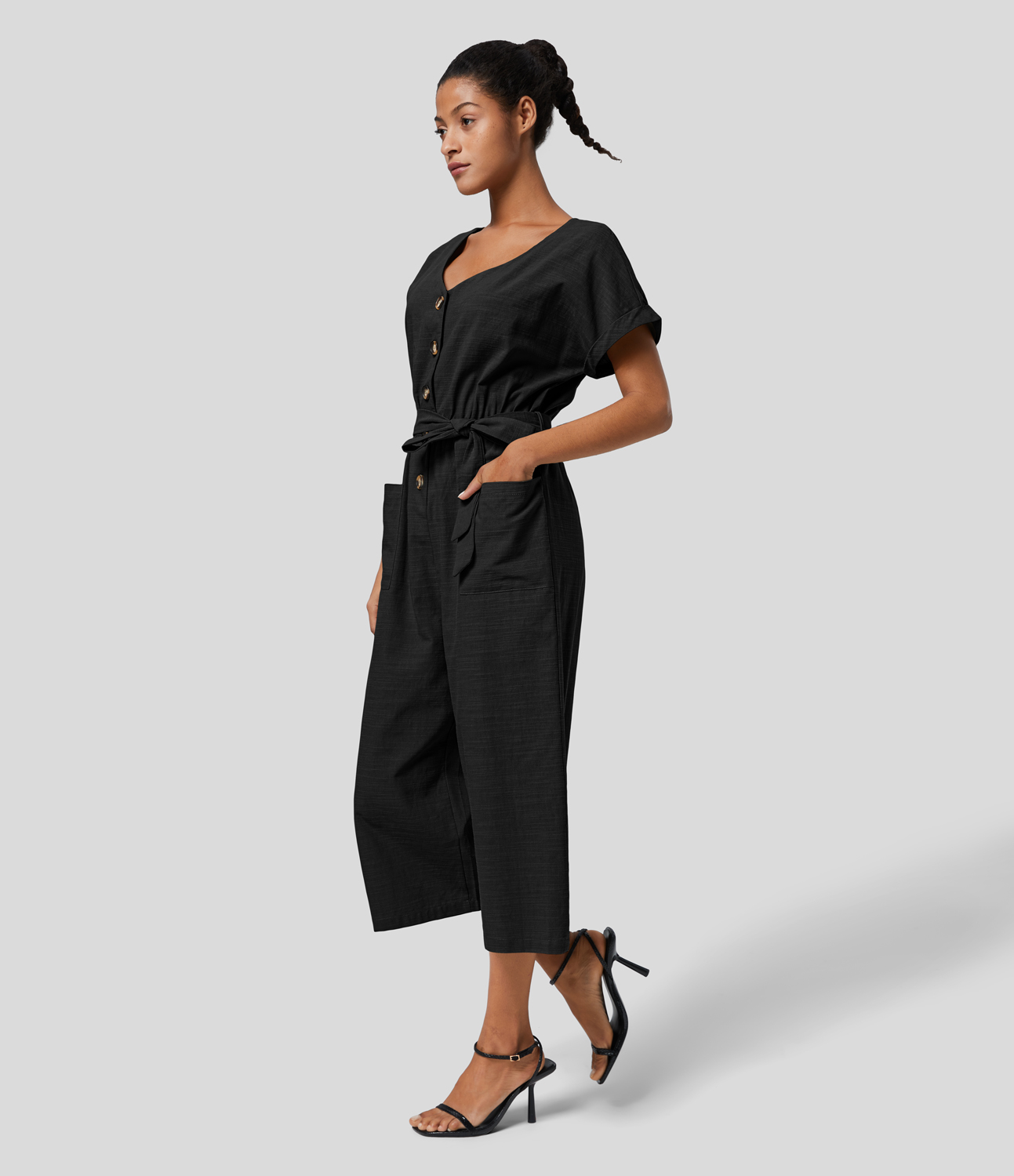 

Halara V Neck Short Sleeve Button Side Pocket Belted Wide Leg Casual Cotton Jumpsuit - Black