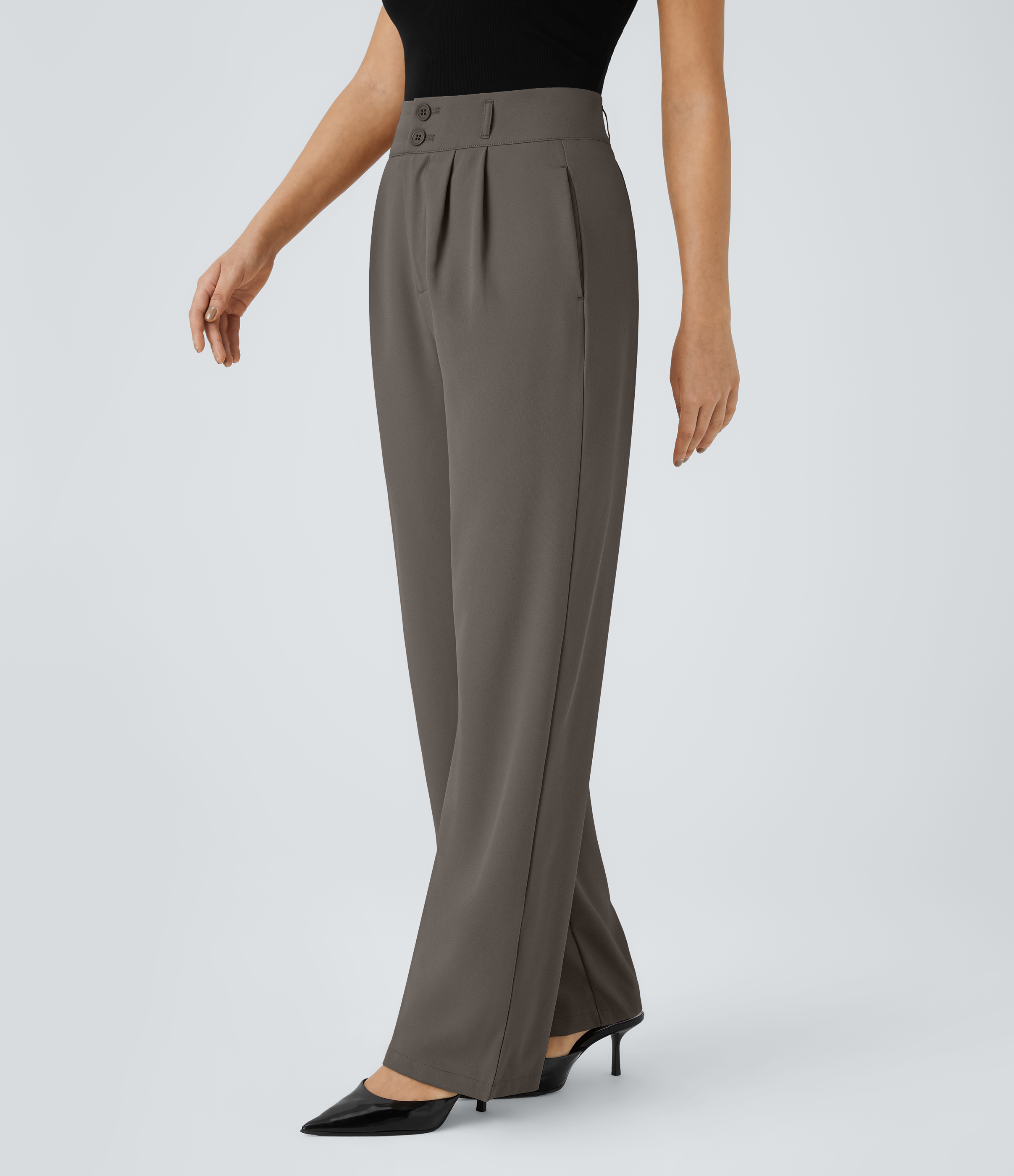 Halara High Waisted Button Zipper Side Pocket Shirred Straight Leg Work Pants  - Lead Grey - XS(regular) sweatpants jogger pants 