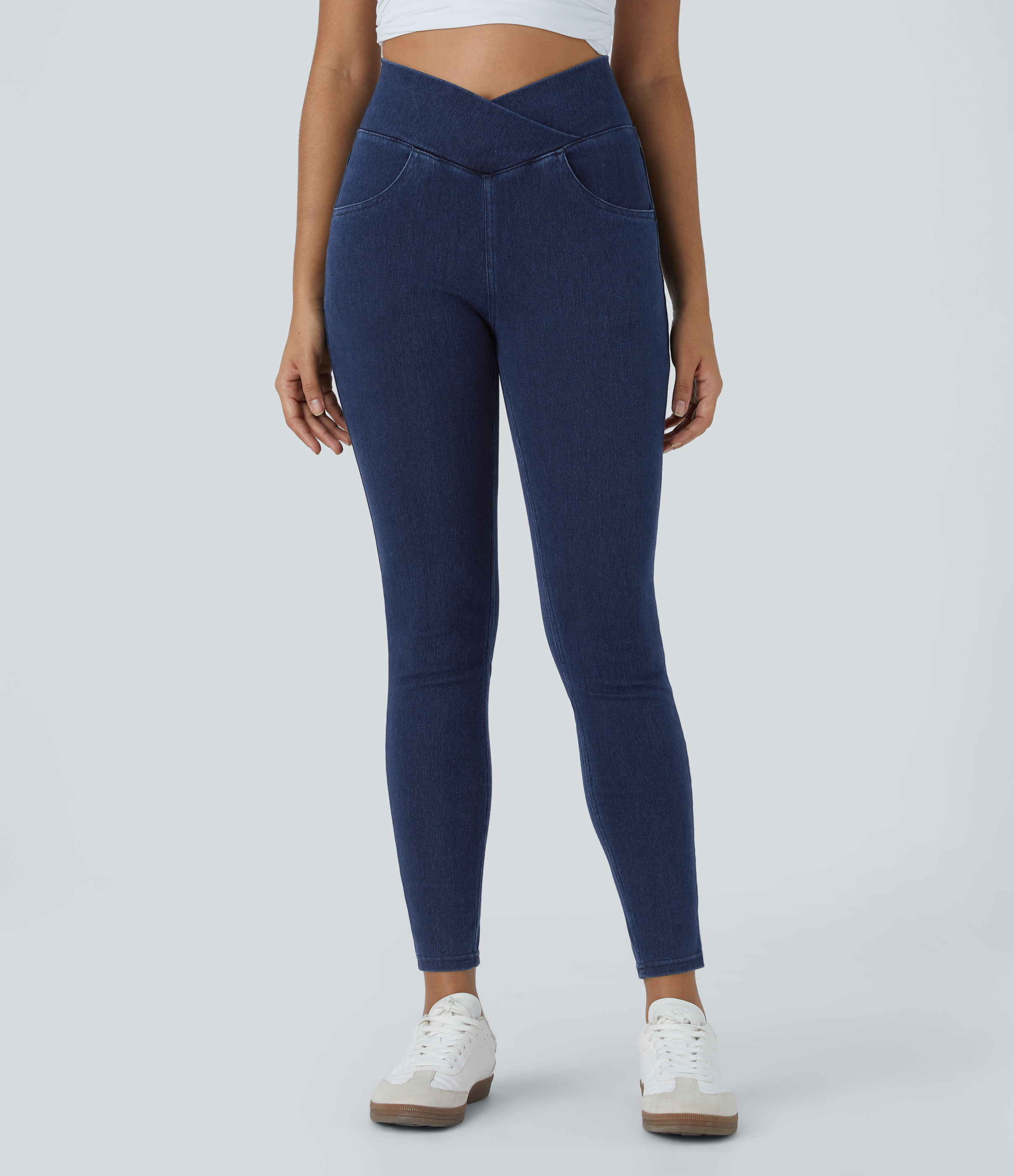 Halara HalaraMagicв„ў Jeans High Waisted Crossover Multiple Pockets Stretchy Knit Denim Work Leggings  - Denim Indigo - XL 