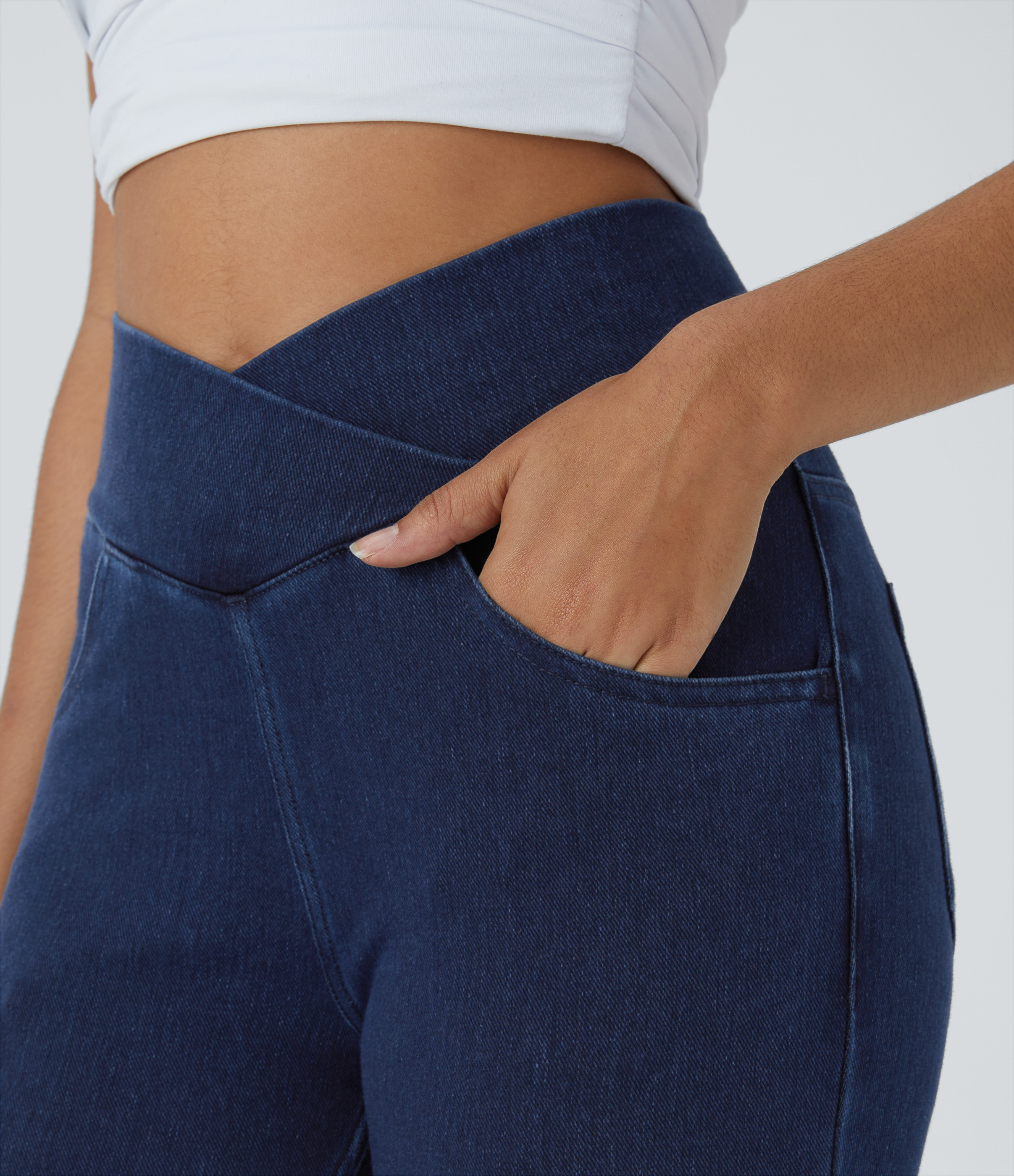 Halara HalaraMagicв„ў Jeans High Waisted Crossover Multiple Pockets Stretchy Knit Denim Work Leggings  - Denim Indigo - XL 