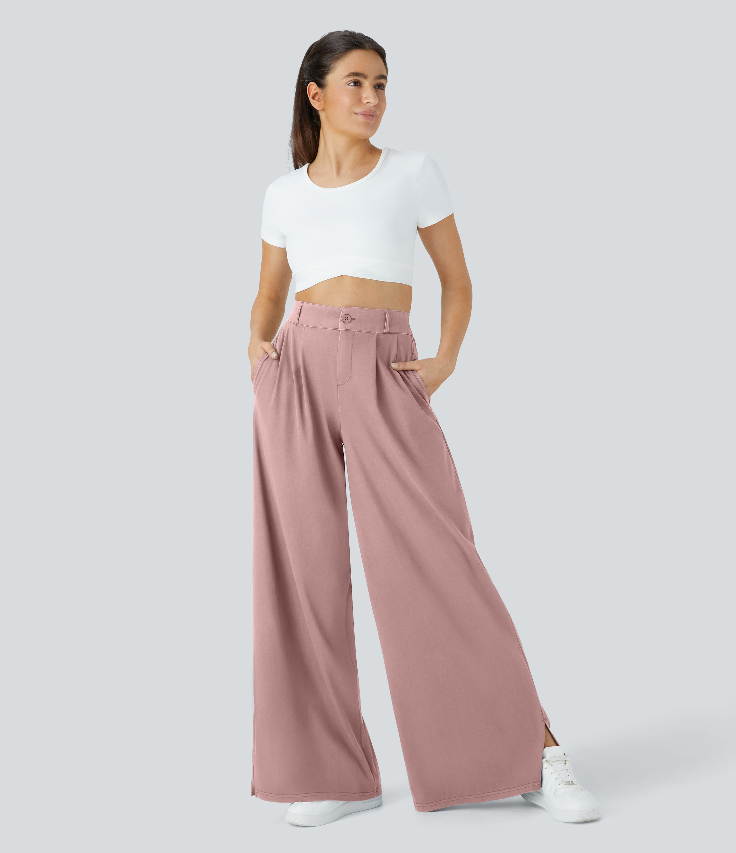 Halara High Waisted Button Zipper Split Hem Wide Leg Casual Pants  - Bridal Rose - S sweatpants jogger pants stacked sweatpants cargo joggers 