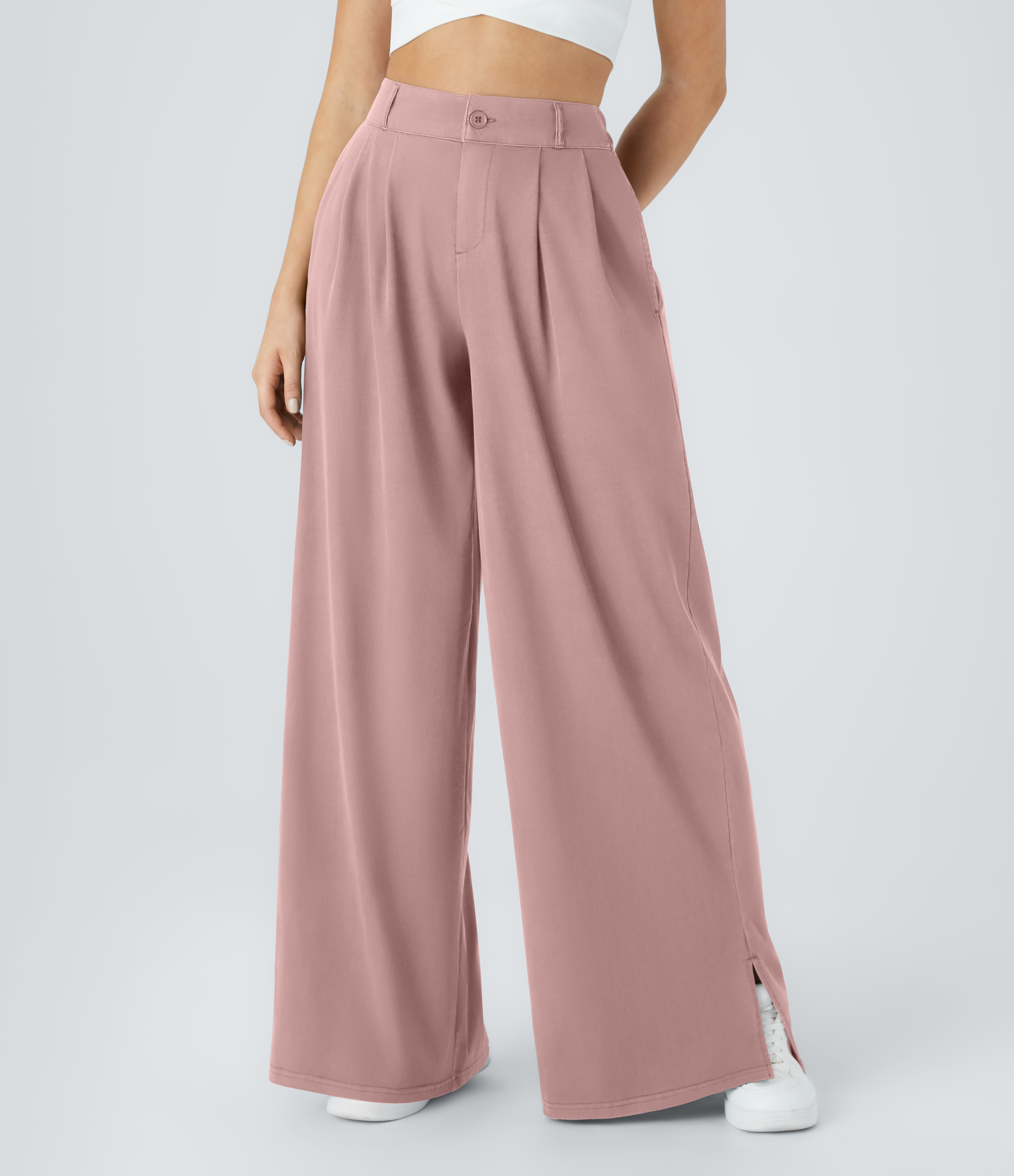 Halara High Waisted Button Zipper Split Hem Wide Leg Casual Pants  - Bridal Rose - S sweatpants jogger pants stacked sweatpants cargo joggers 