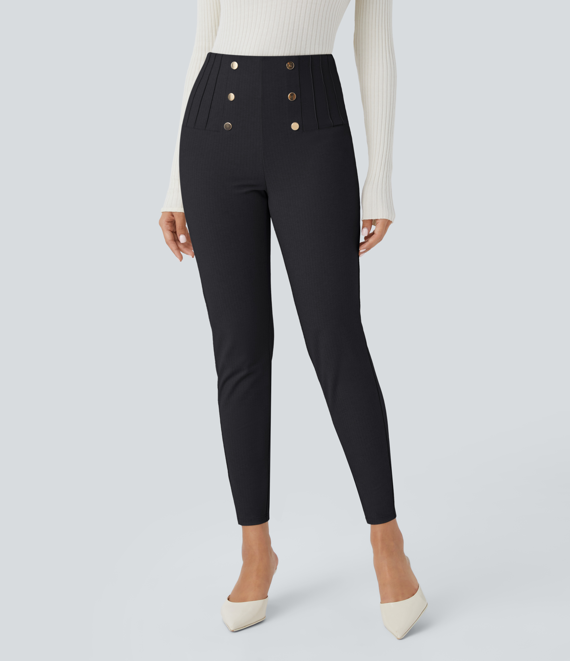 Halara SoCinched High Waisted Tummy Control Decorative Button Back Zipper Pockets Herringbone Work Leggings  - Blue Graphite - M(7/8) 