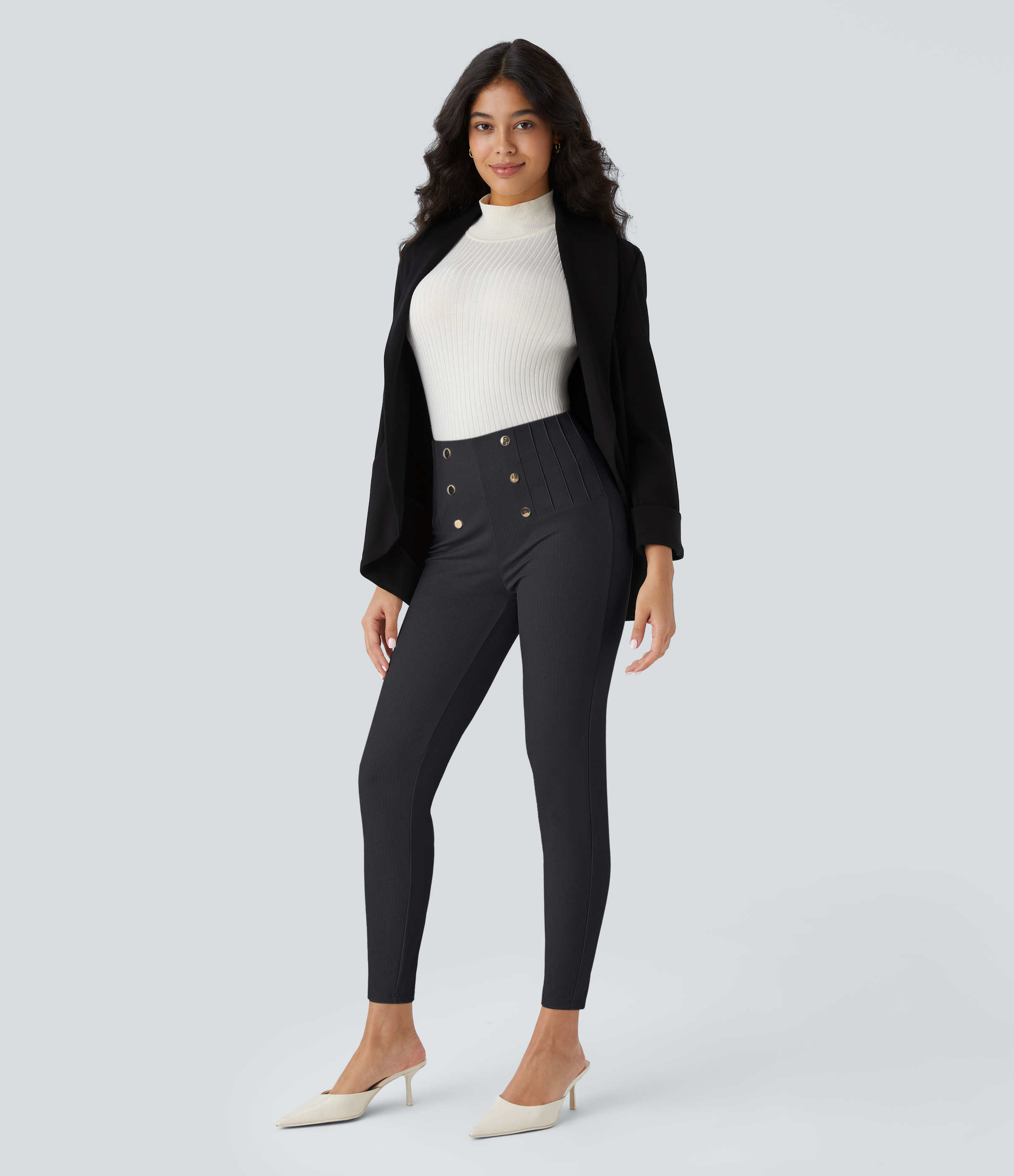 Halara SoCinched High Waisted Tummy Control Decorative Button Back Zipper Pockets Herringbone Work Leggings  - Blue Graphite - M(7/8) 