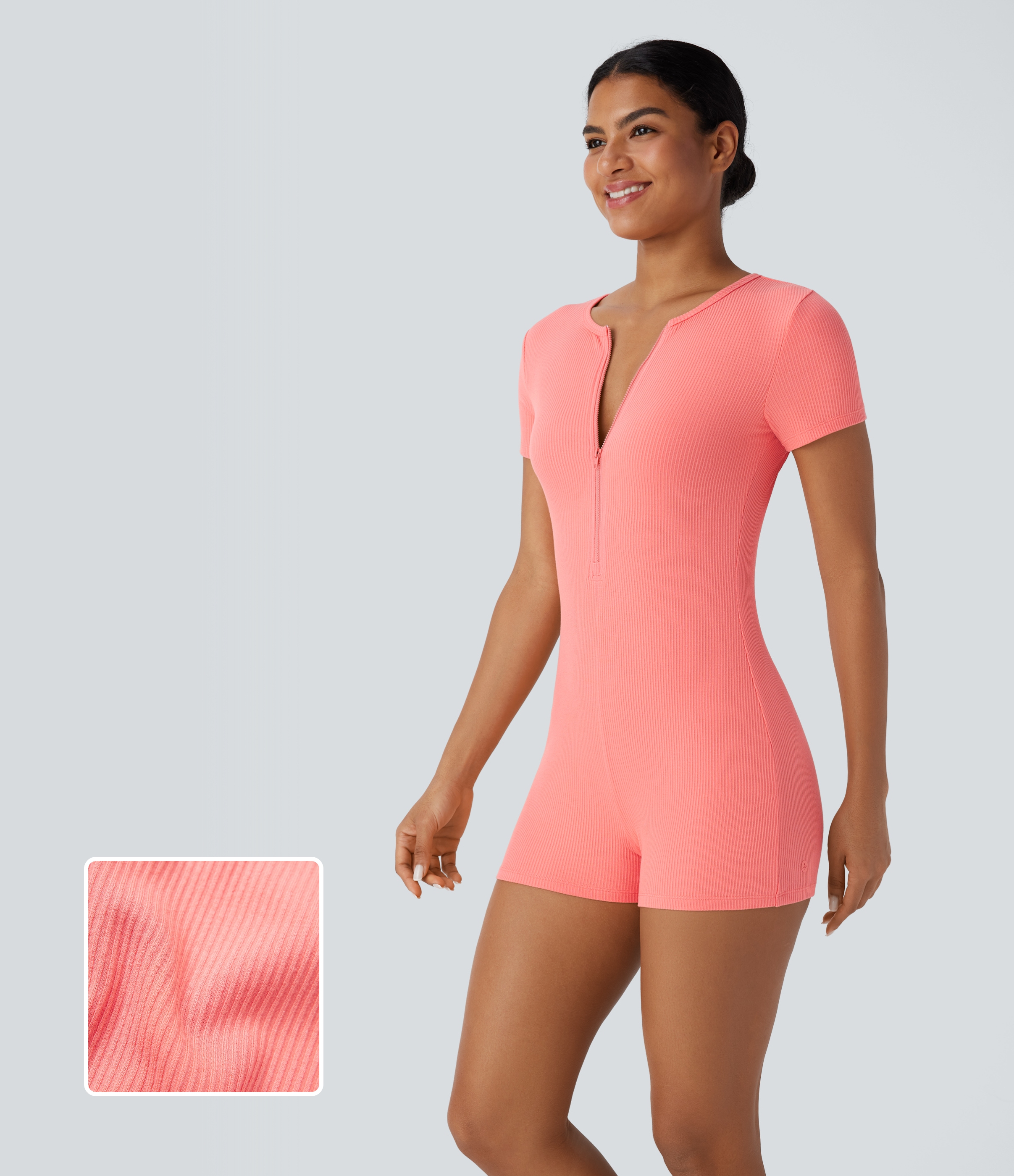 Ribbed Knit Round Neck Zipper Skinny Casual Jumpsuit