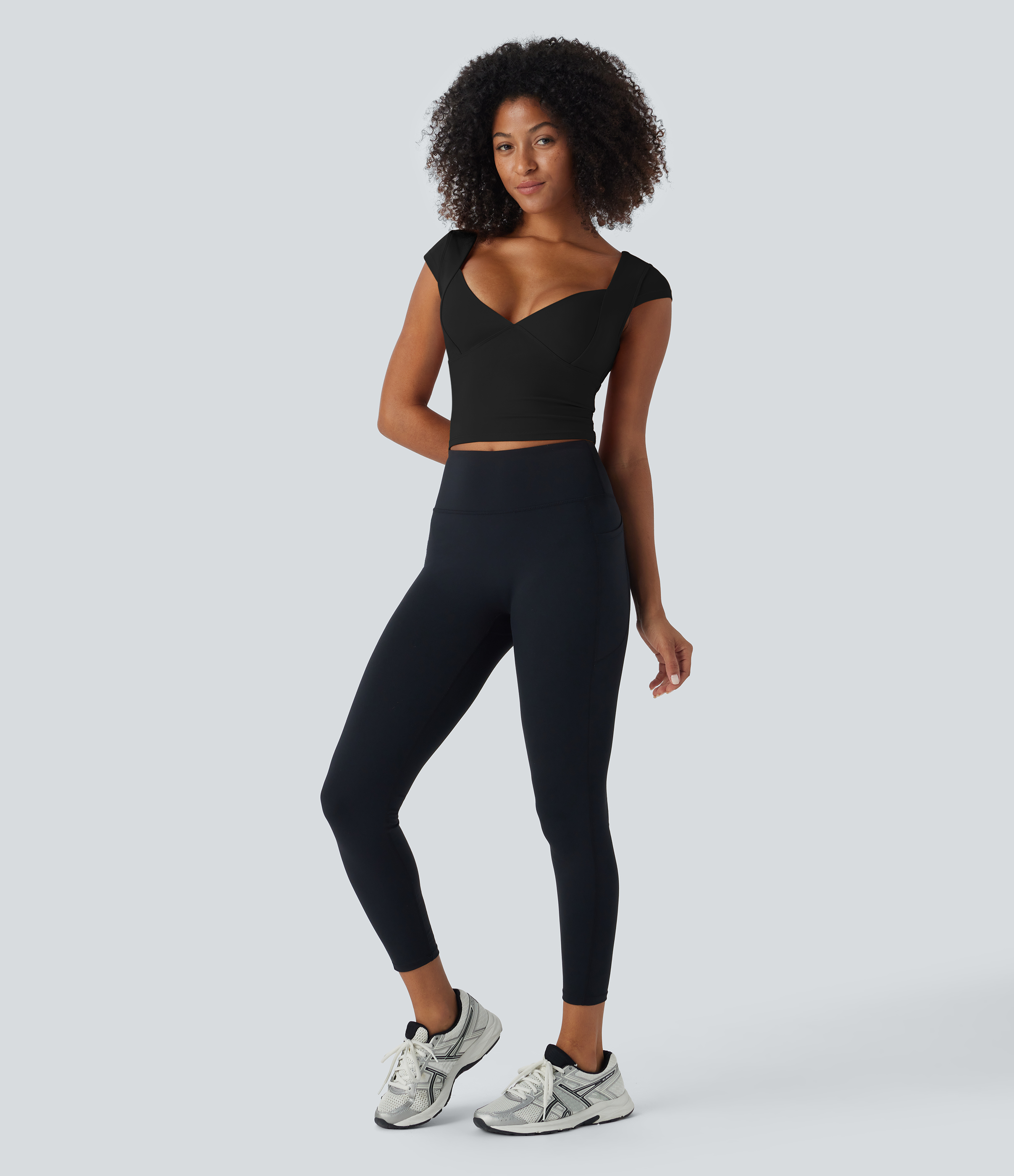 Halara Softlyzeroв„ў Deep V Neck Cap Sleeve Cropped Yoga Sports Top  - Black - S 