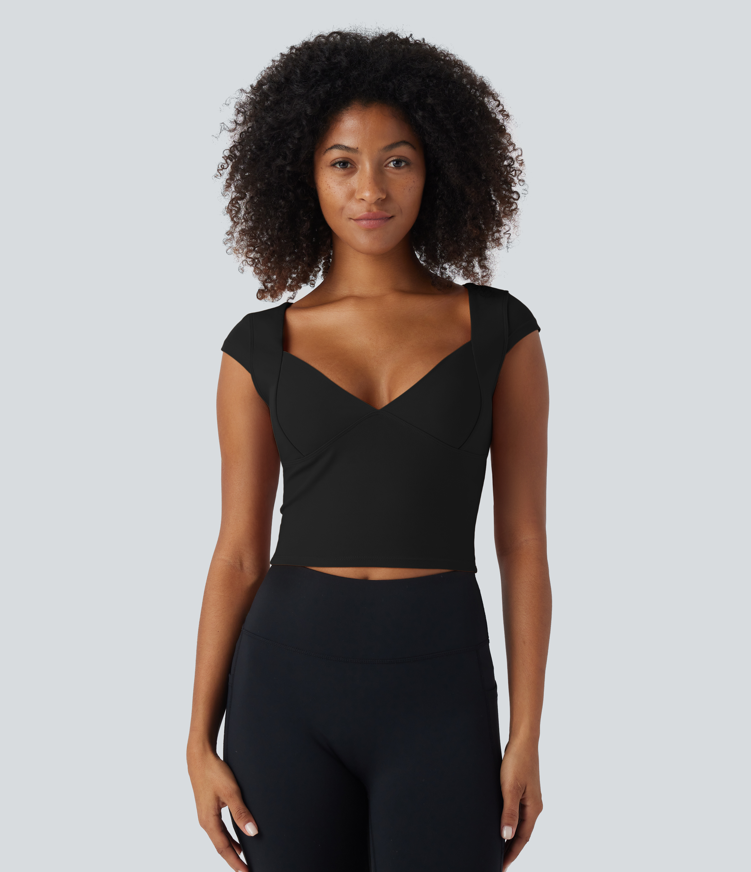 Halara Softlyzeroв„ў Deep V Neck Cap Sleeve Cropped Yoga Sports Top  - Black - S 