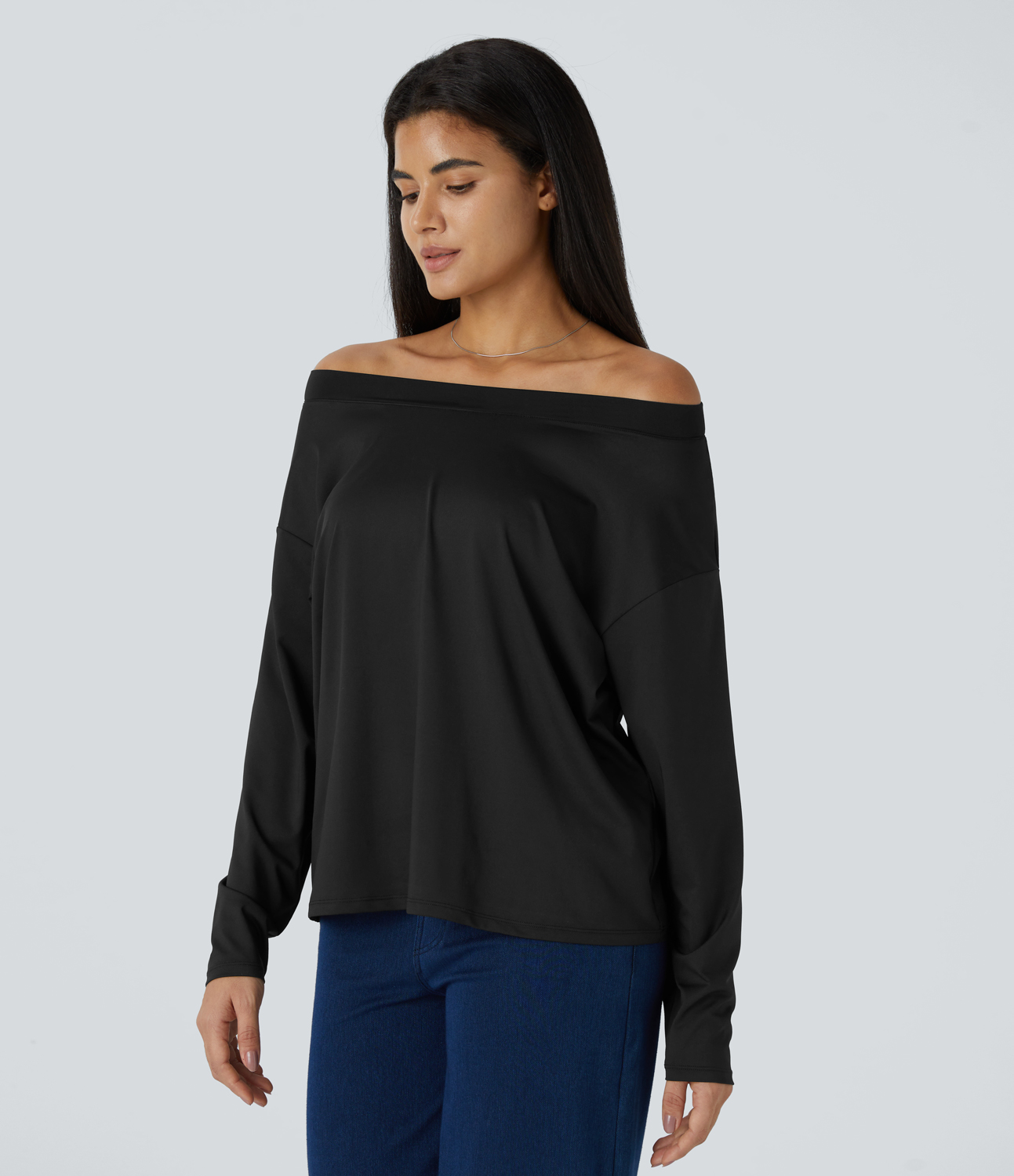 Halara Off Shoulder Long Sleeve Casual Top Tank Top - Black - M golf tops halter top tunic tops sleeveless tops backless top 