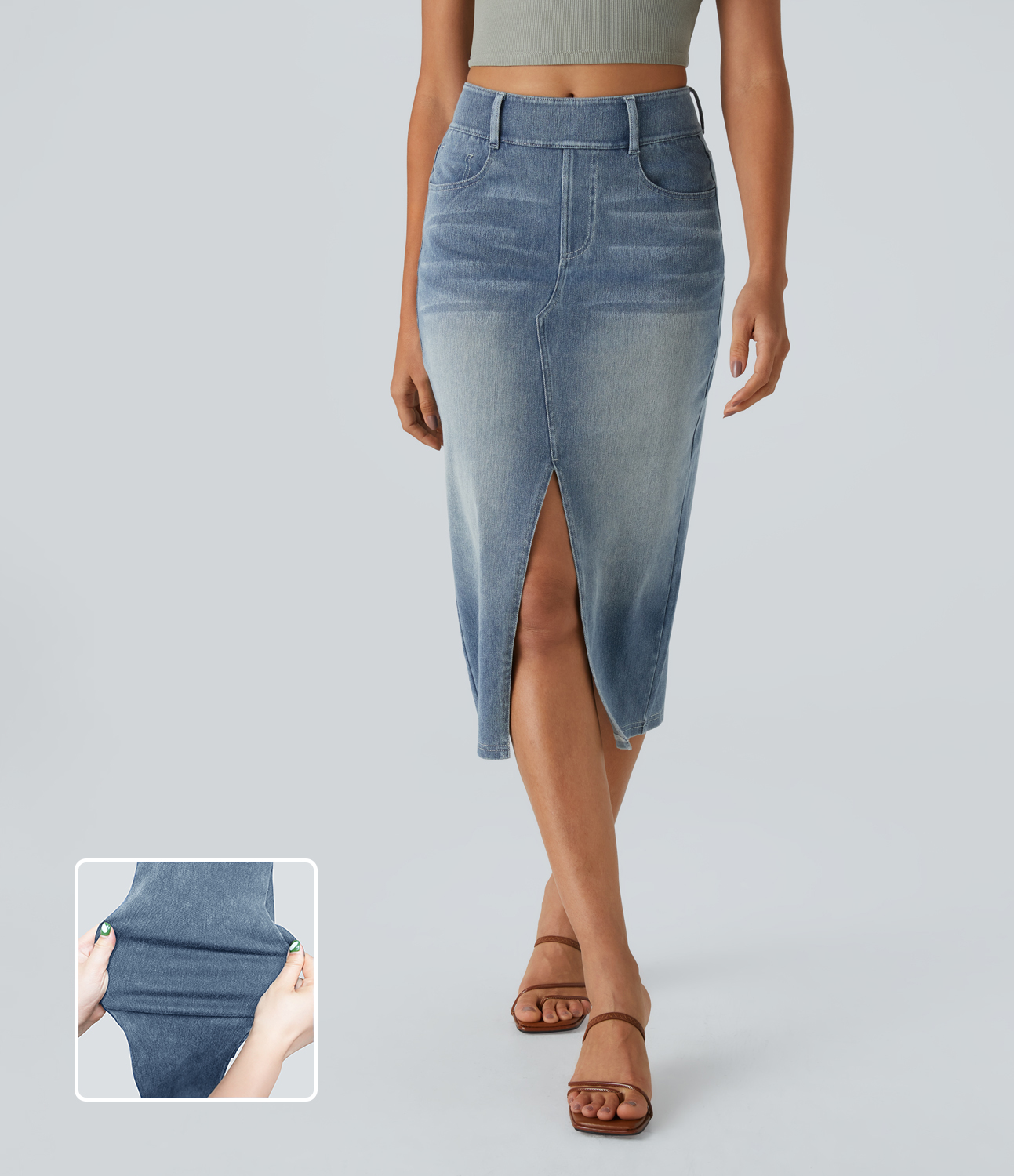 Halara Flex™ High Waisted Pockets Bodycon Washed Denim Casual Midi Skirt