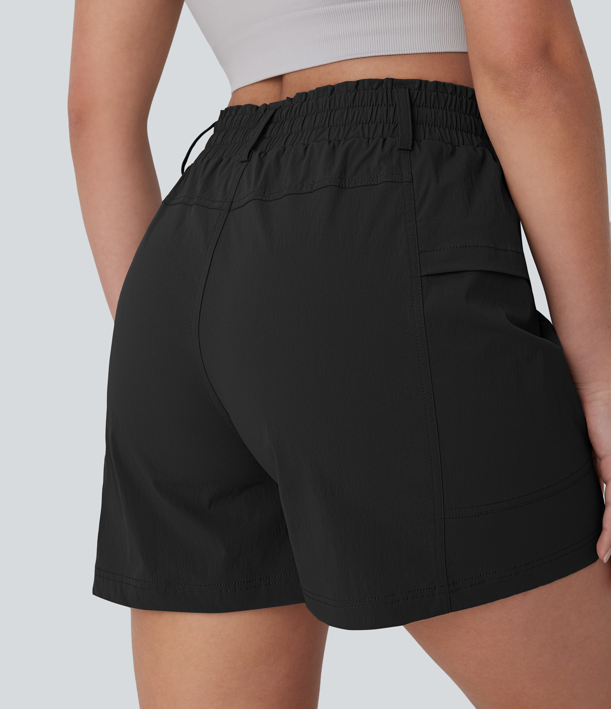 Halara Frill High Waisted Drawstring Side Pocket Hiking Shorts 5`` Gym Short - Black - XL booty shorts compression shorts yoga shorts 