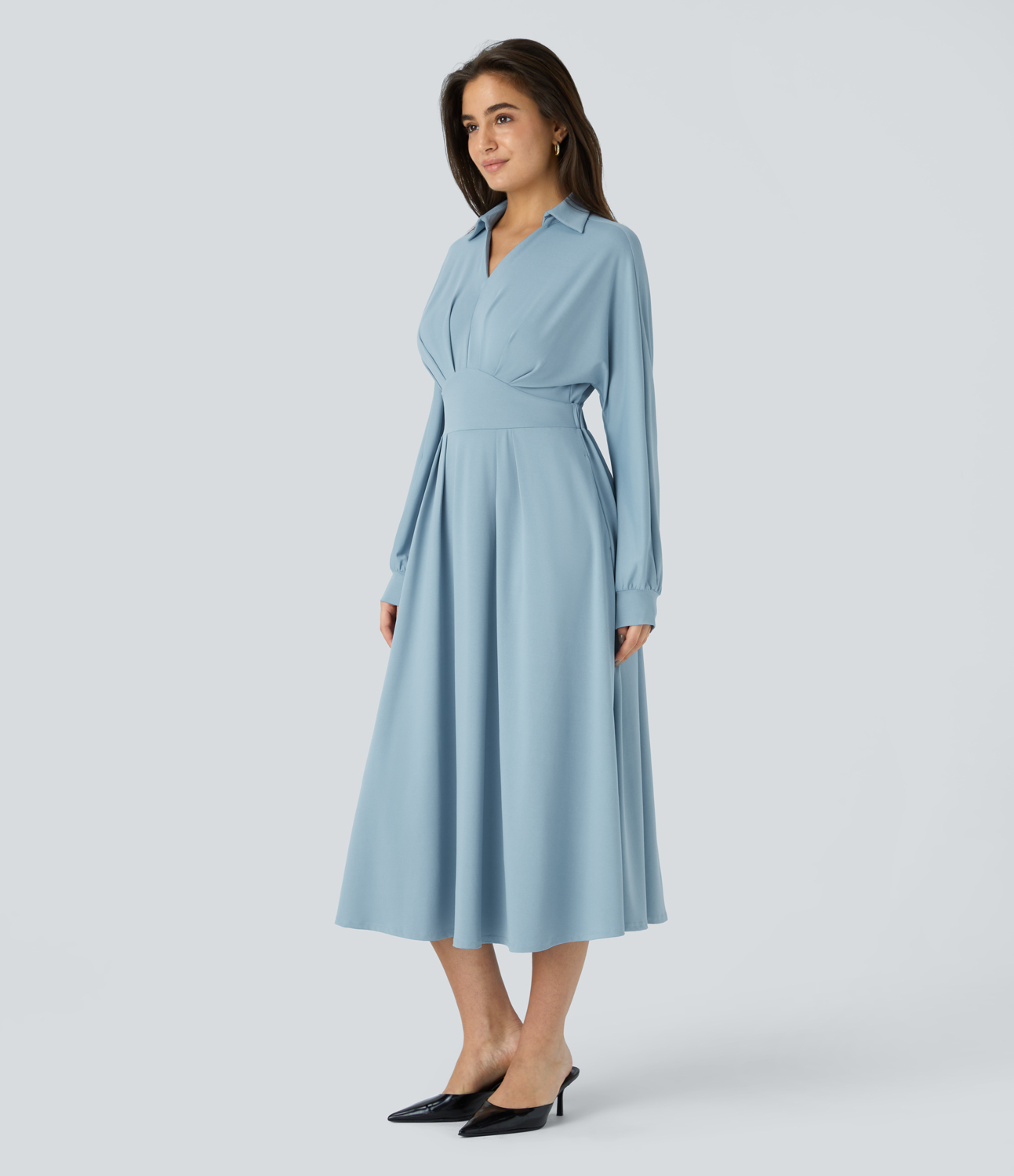 Halara V Neck Collared Raglan Sleeve Plicated Side Pocket Midi Work Shirt Dress Casual Dress - Moon ice blue - M slip dress beach dress 