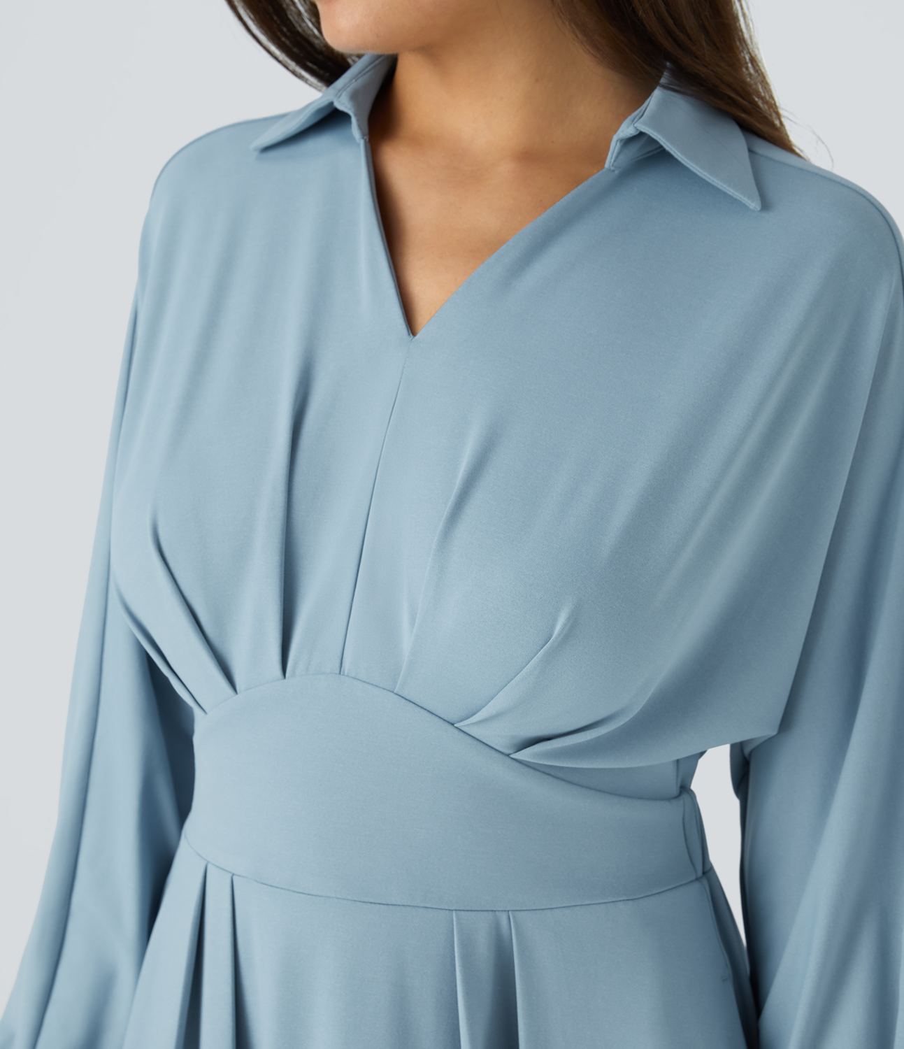 Halara V Neck Collared Raglan Sleeve Plicated Side Pocket Midi Work Shirt Dress Casual Dress - Moon ice blue - M slip dress beach dress 