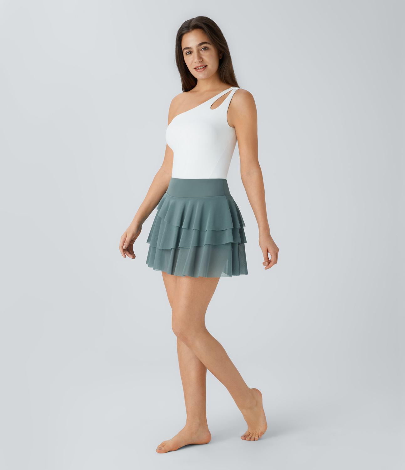 Halara High Waisted 2-in-1 Side Pocket Contrast Mesh Layered Flowy Mini Skirt  - Arctic - XS(regular) midi skirt a line skirt golfing skirt 