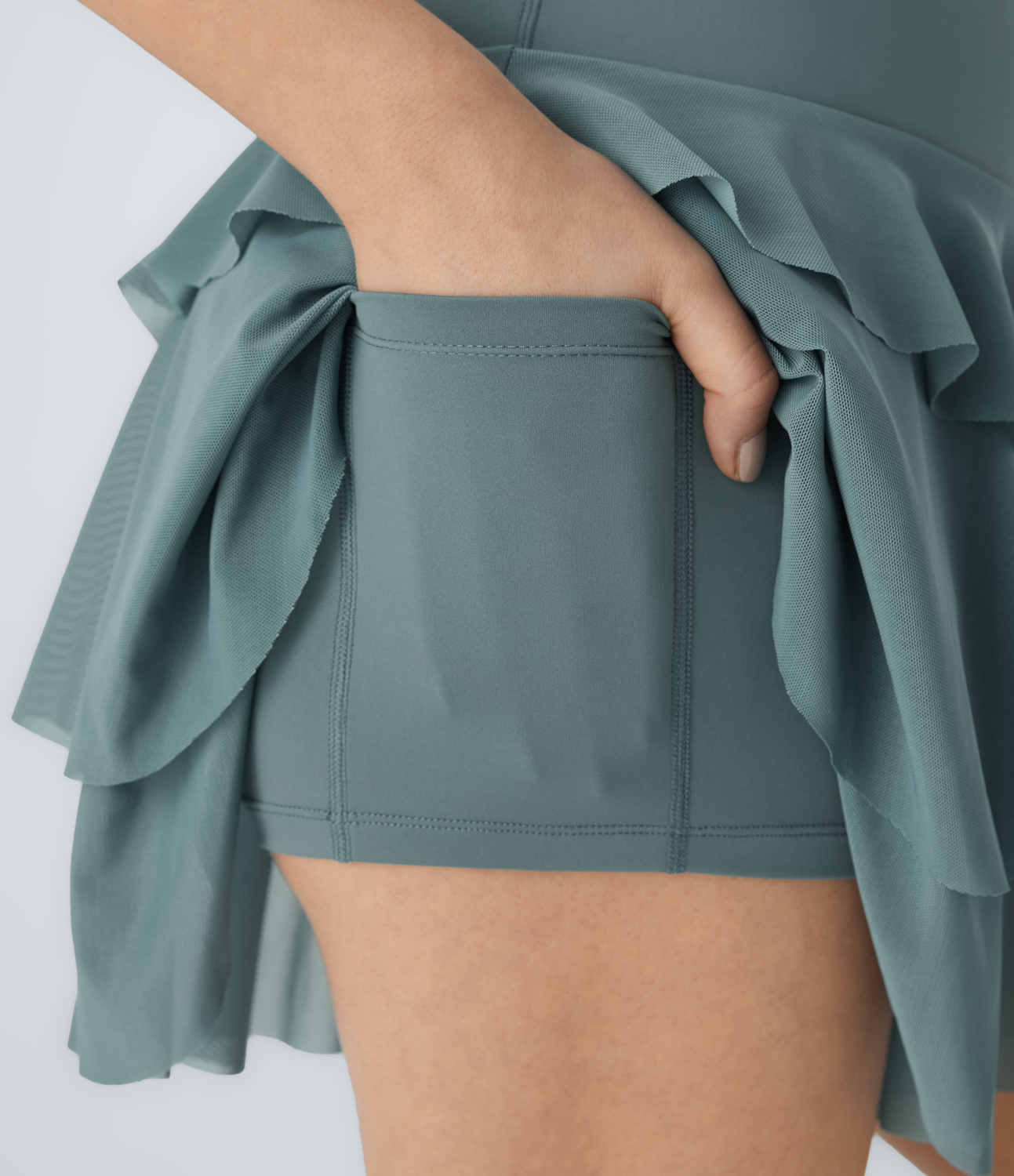 Halara High Waisted 2-in-1 Side Pocket Contrast Mesh Layered Flowy Mini Skirt  - Arctic - XS(regular) midi skirt a line skirt golfing skirt 