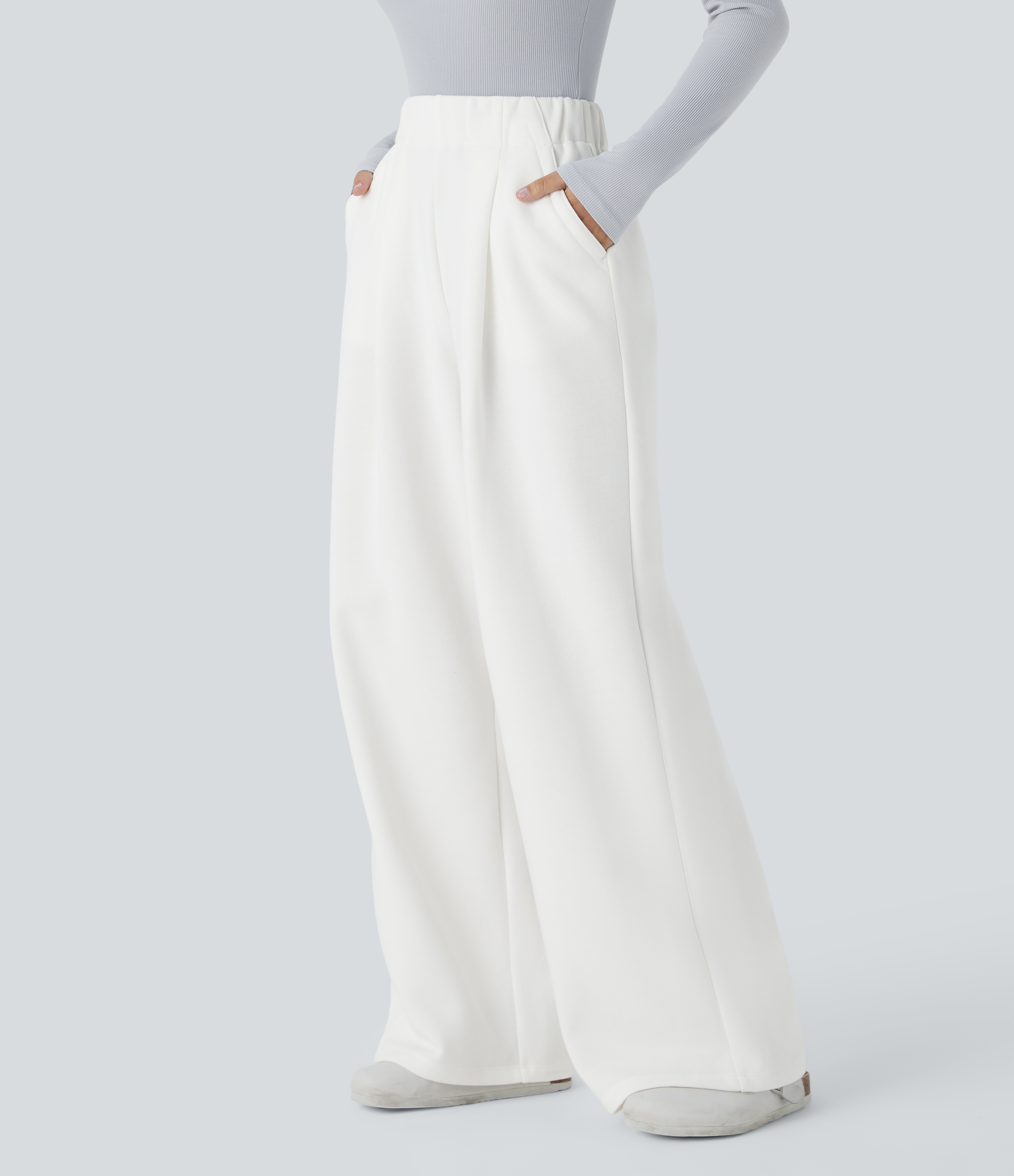 Pantalon décontracté en polaire, taille haute, coupe large, avec poches