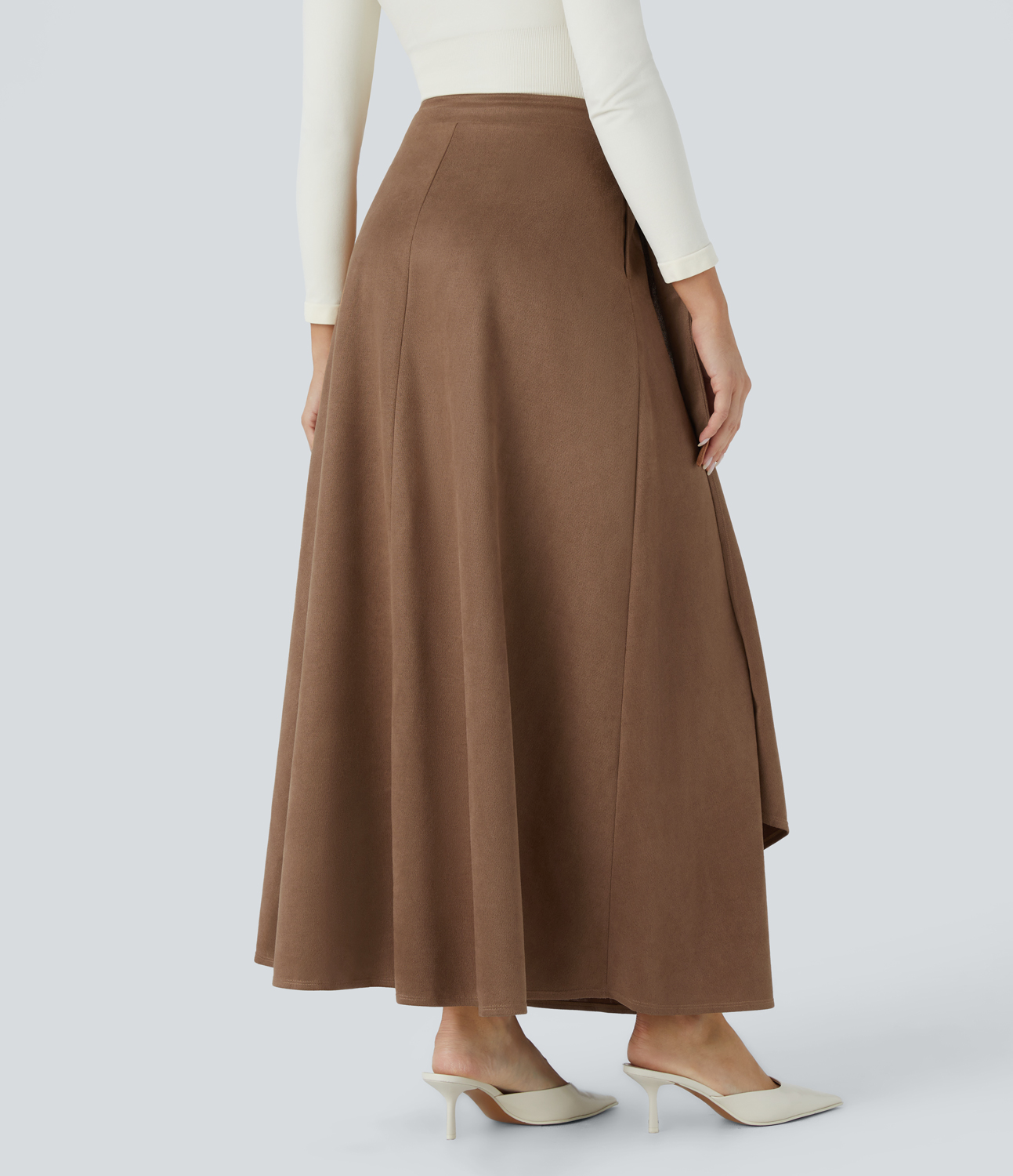 Halara High Waisted Wrapped Tie Side Pocket Suede Maxi Work Skirt  - Pecan Pie - S(regular) 