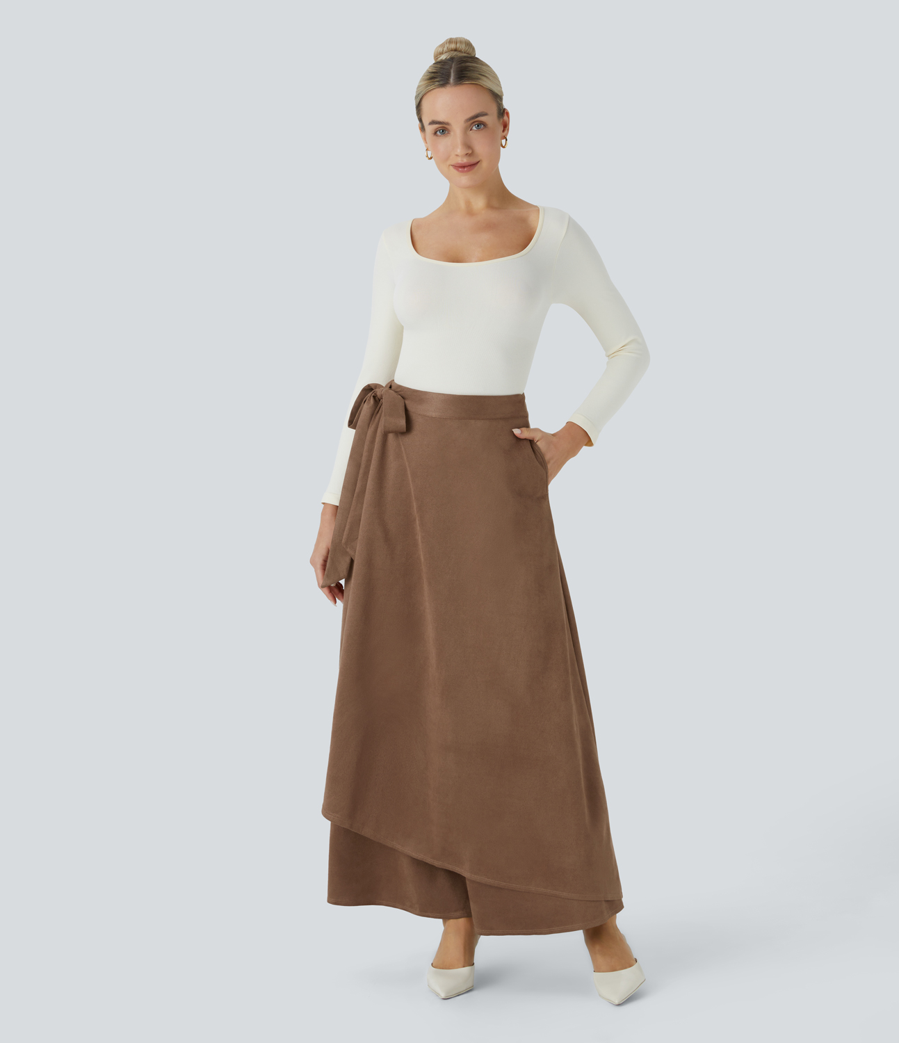 Halara High Waisted Wrapped Tie Side Pocket Suede Maxi Work Skirt  - Pecan Pie - S(regular) 