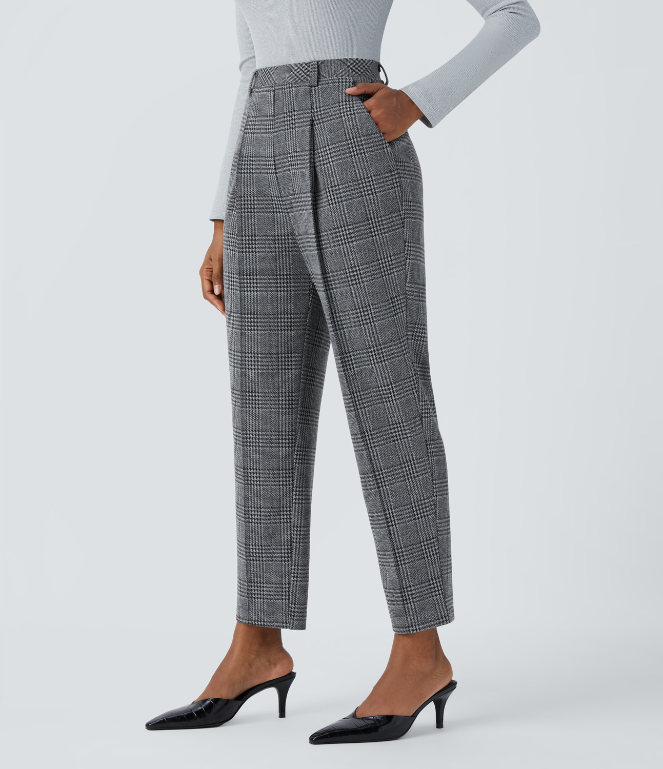 Halara Halara Flexв„ў High Waisted Side Pocket Houndstooth Plaid Tapered Work Pants  - Dark Gray Plaid - XL(regular) sweatpants jogger pants 