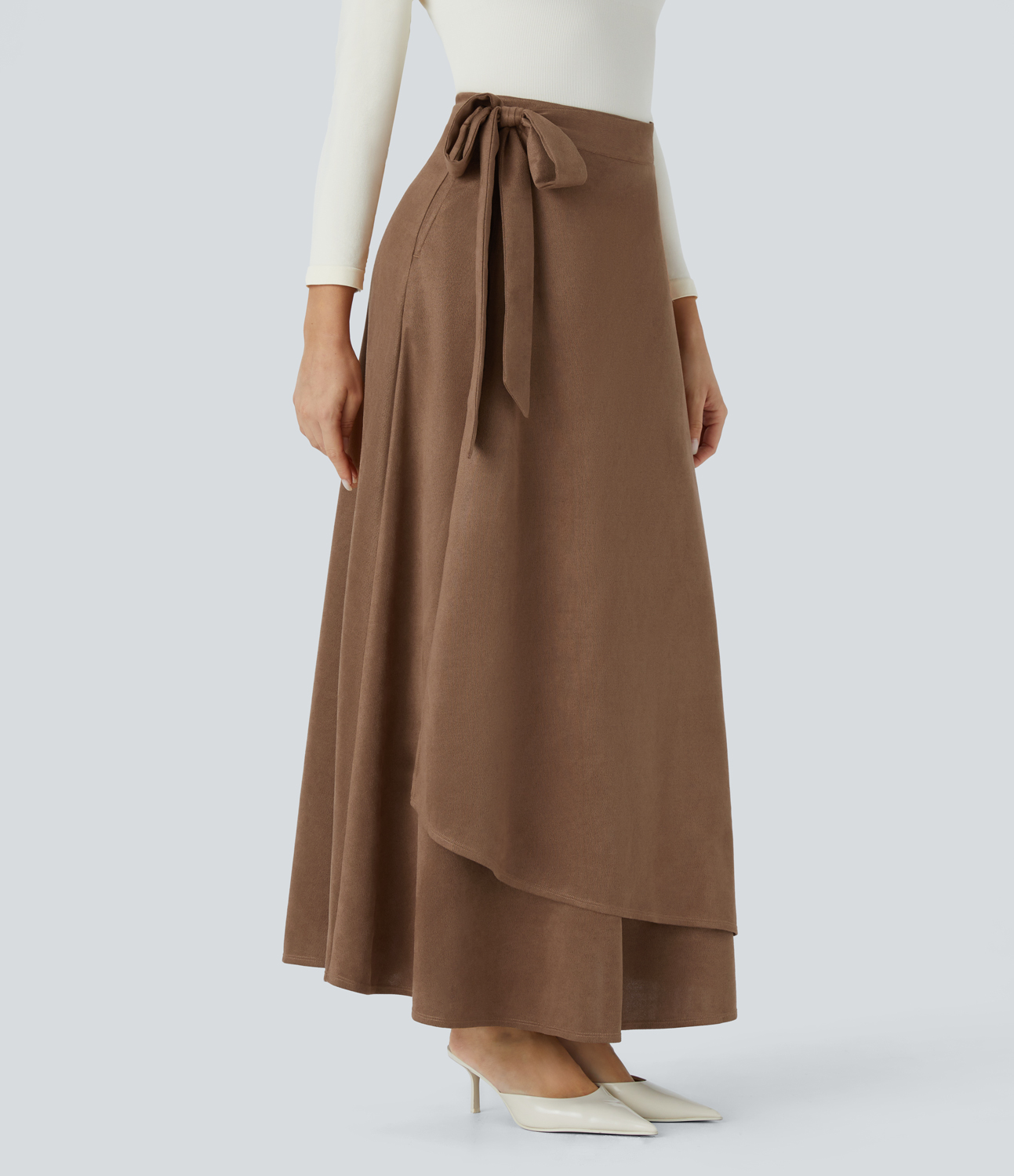 Halara High Waisted Wrapped Tie Side Pocket Suede Maxi Work Skirt  - Pecan Pie - S(regular) 