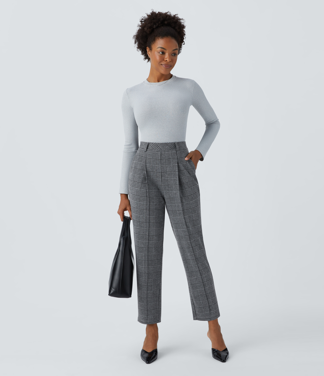 Halara Halara Flexв„ў High Waisted Side Pocket Houndstooth Plaid Tapered Work Pants  - Dark Gray Plaid - XL(regular) sweatpants jogger pants 