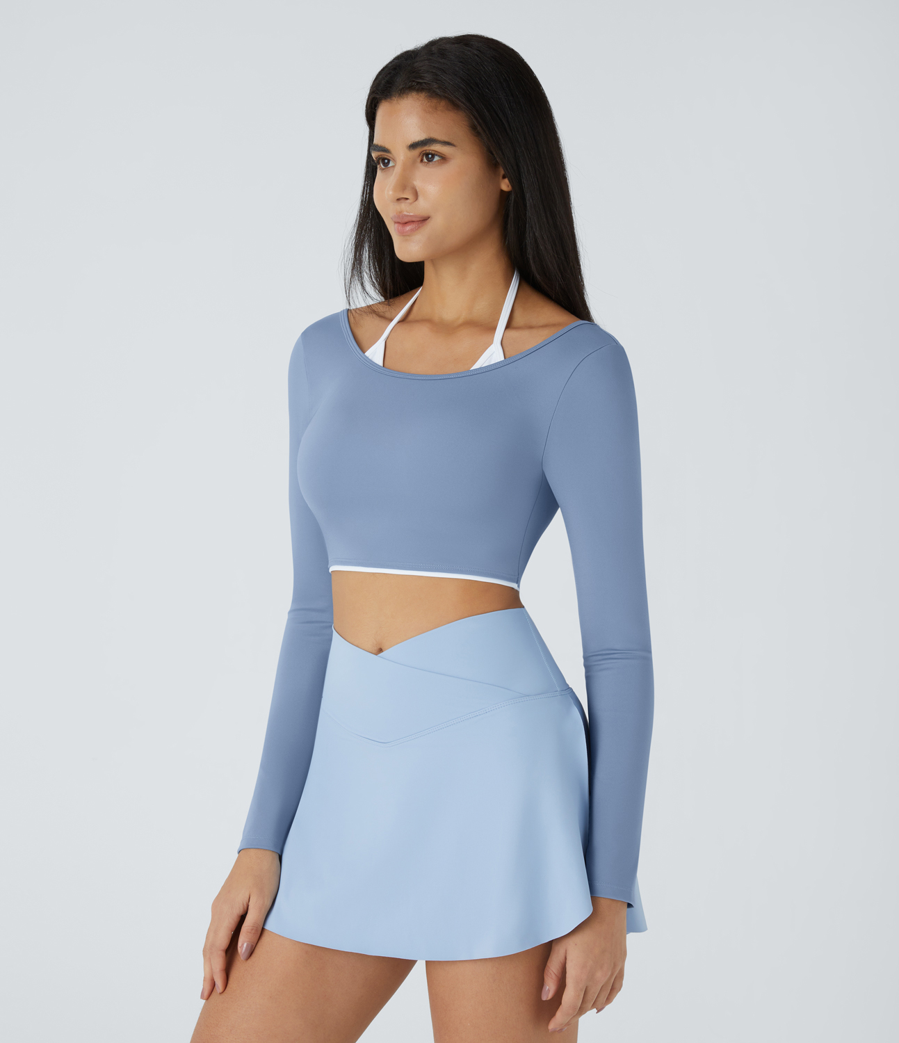 Halara Softlyzeroв„ў Airy Halter Backless Long Sleeve Color Block Cropped Yoga Sports Top-UPF50+  - Endless Sky - S 