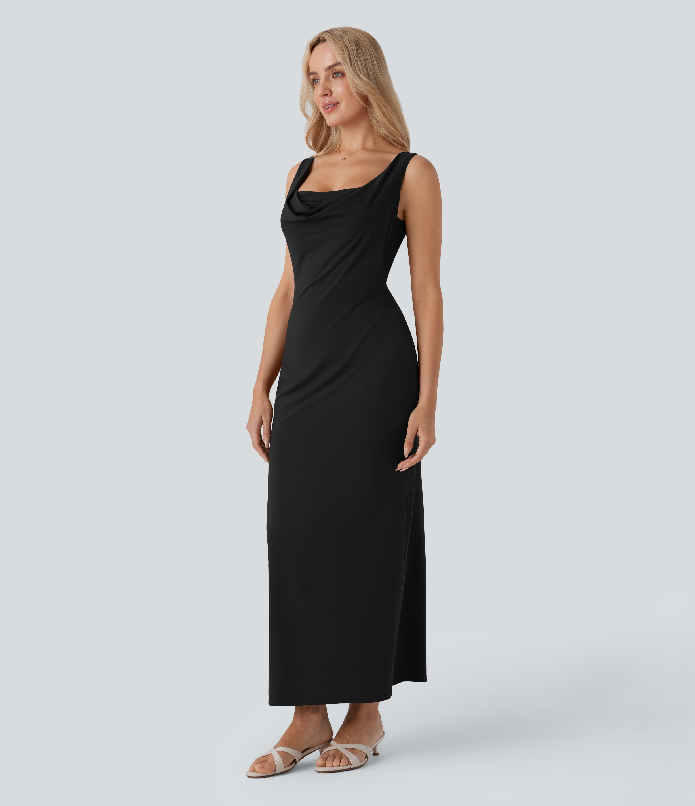 Halara Cowl Neck Sleeveless Ruched Slim Maxi Party Dress Casual Dress - Black - XL slip dress beach dress ruched dress halter dress 