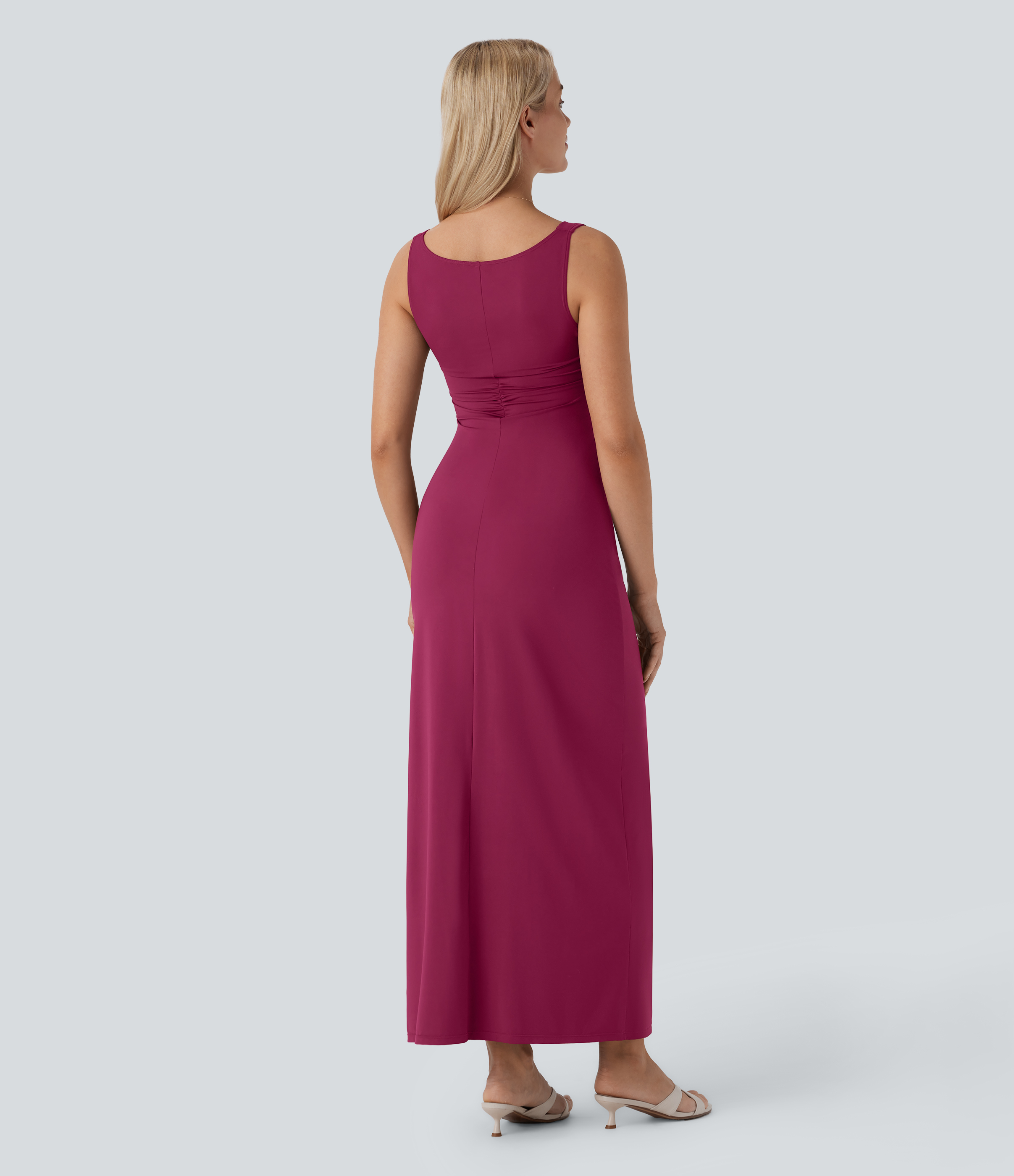 Halara Cowl Neck Sleeveless Ruched Slim Maxi Party Dress Casual Dress - Rhododendron - L slip dress beach dress ruched dress halter dress 