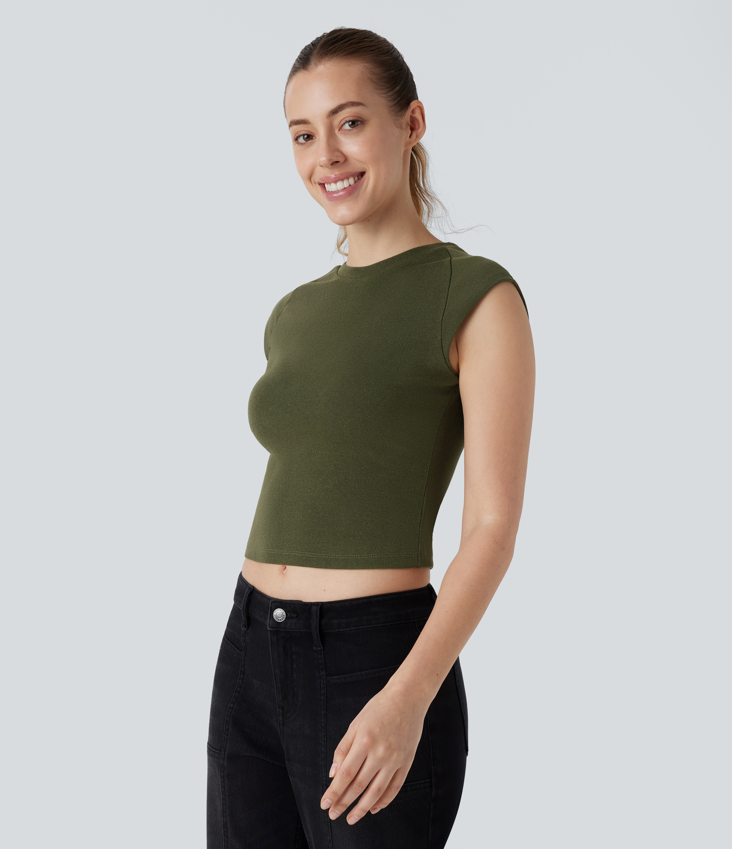 Halara Cap Sleeve Slim Cropped Casual Top Tank Top - Lone Pine Green - XL golf tops halter top tunic tops sleeveless tops backless top 