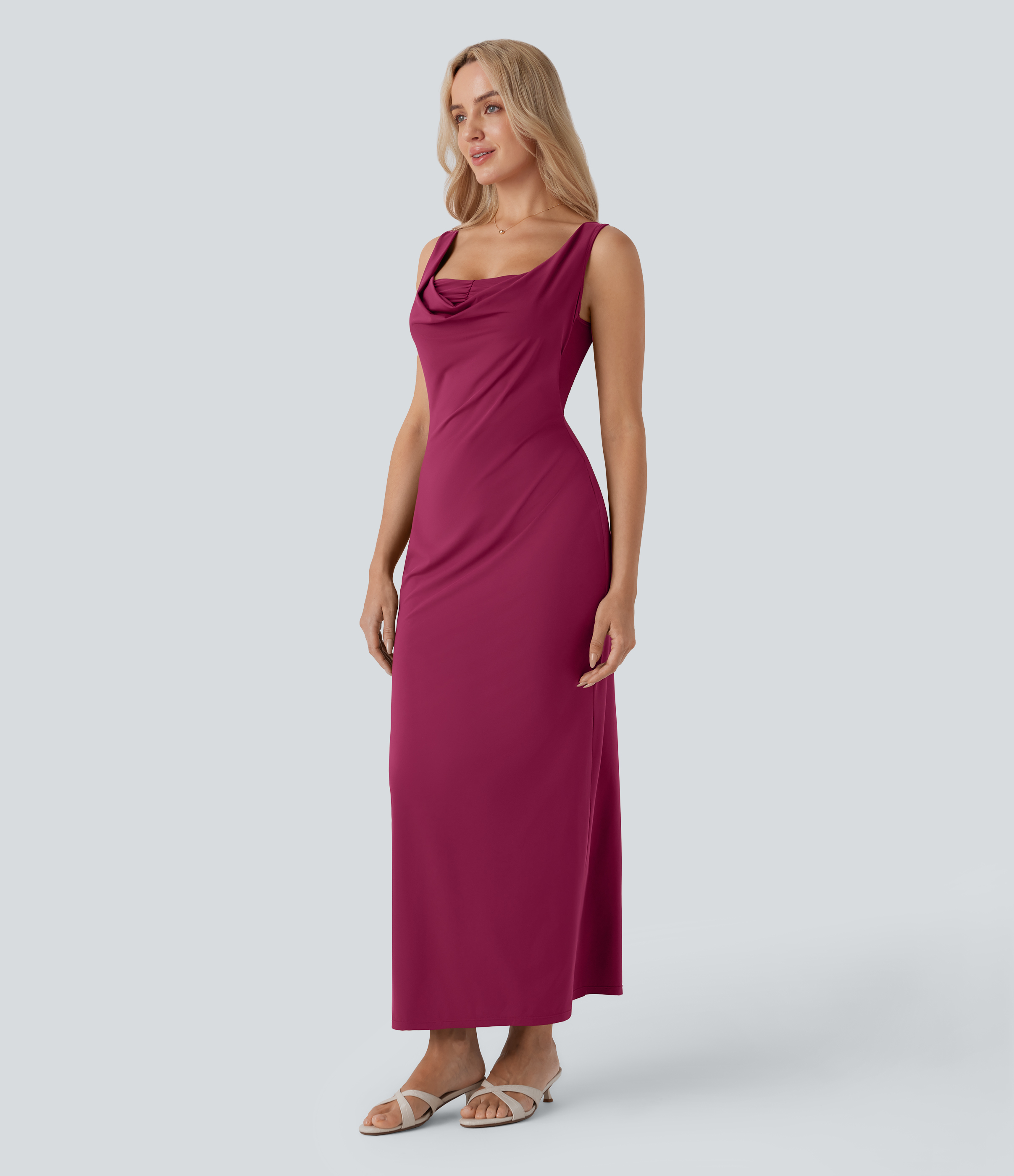 Halara Cowl Neck Sleeveless Ruched Slim Maxi Party Dress Casual Dress - Rhododendron - L slip dress beach dress ruched dress halter dress 