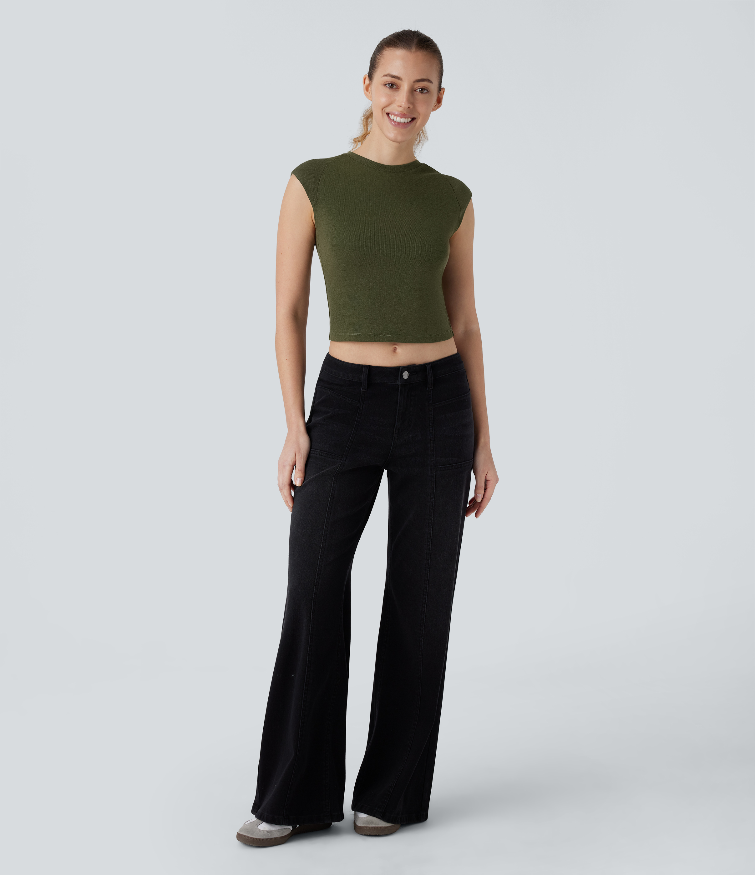 Halara Cap Sleeve Slim Cropped Casual Top Tank Top - Lone Pine Green - XL golf tops halter top tunic tops sleeveless tops backless top 