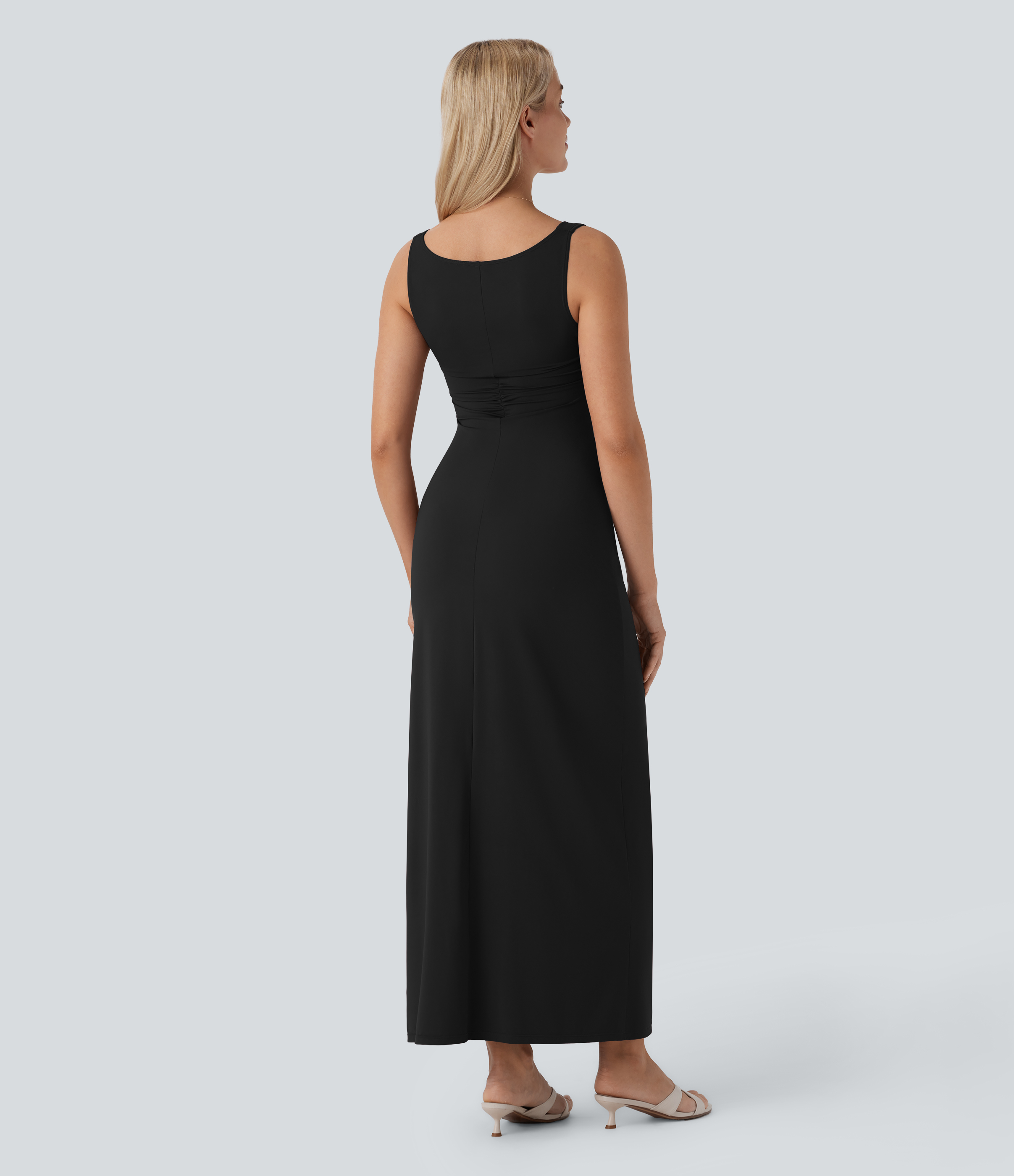 Halara Cowl Neck Sleeveless Ruched Slim Maxi Party Dress Casual Dress - Black - XL slip dress beach dress ruched dress halter dress 