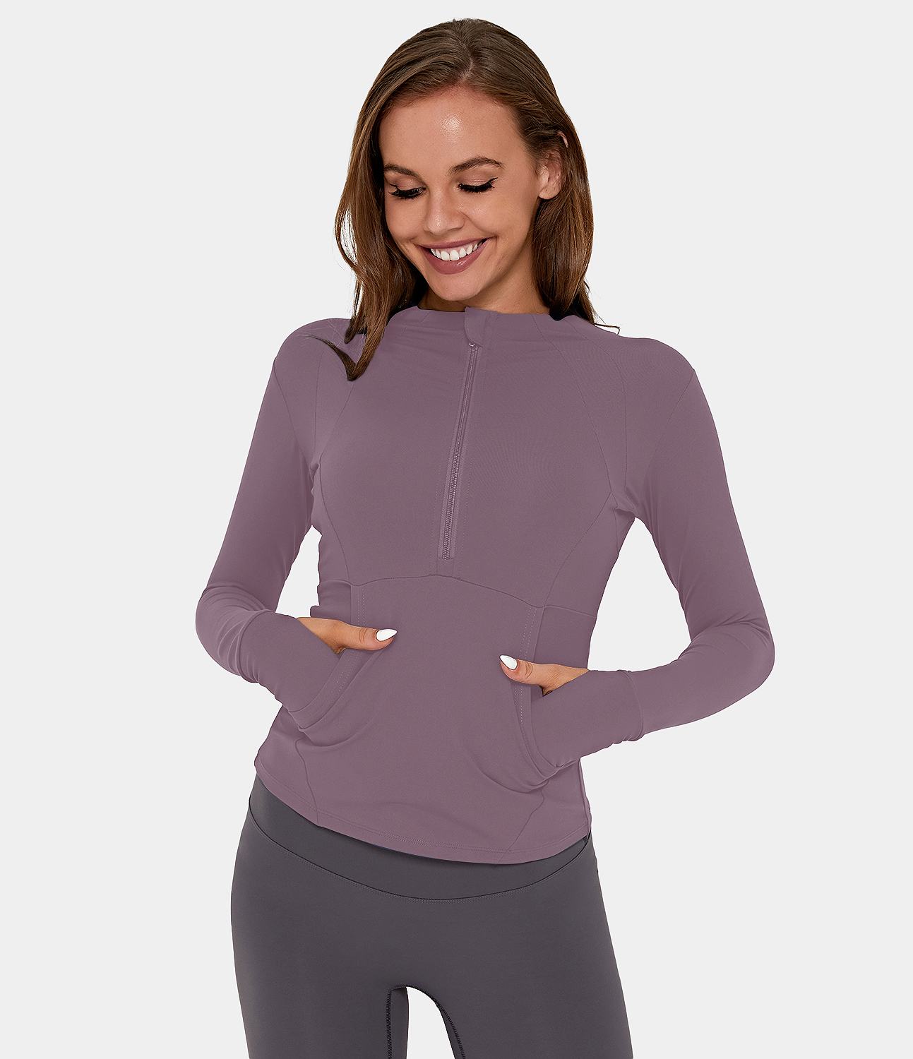 Women's Half Zip Thumb Hole Kangaroo Pocket Sports Sweatshirt HALARA