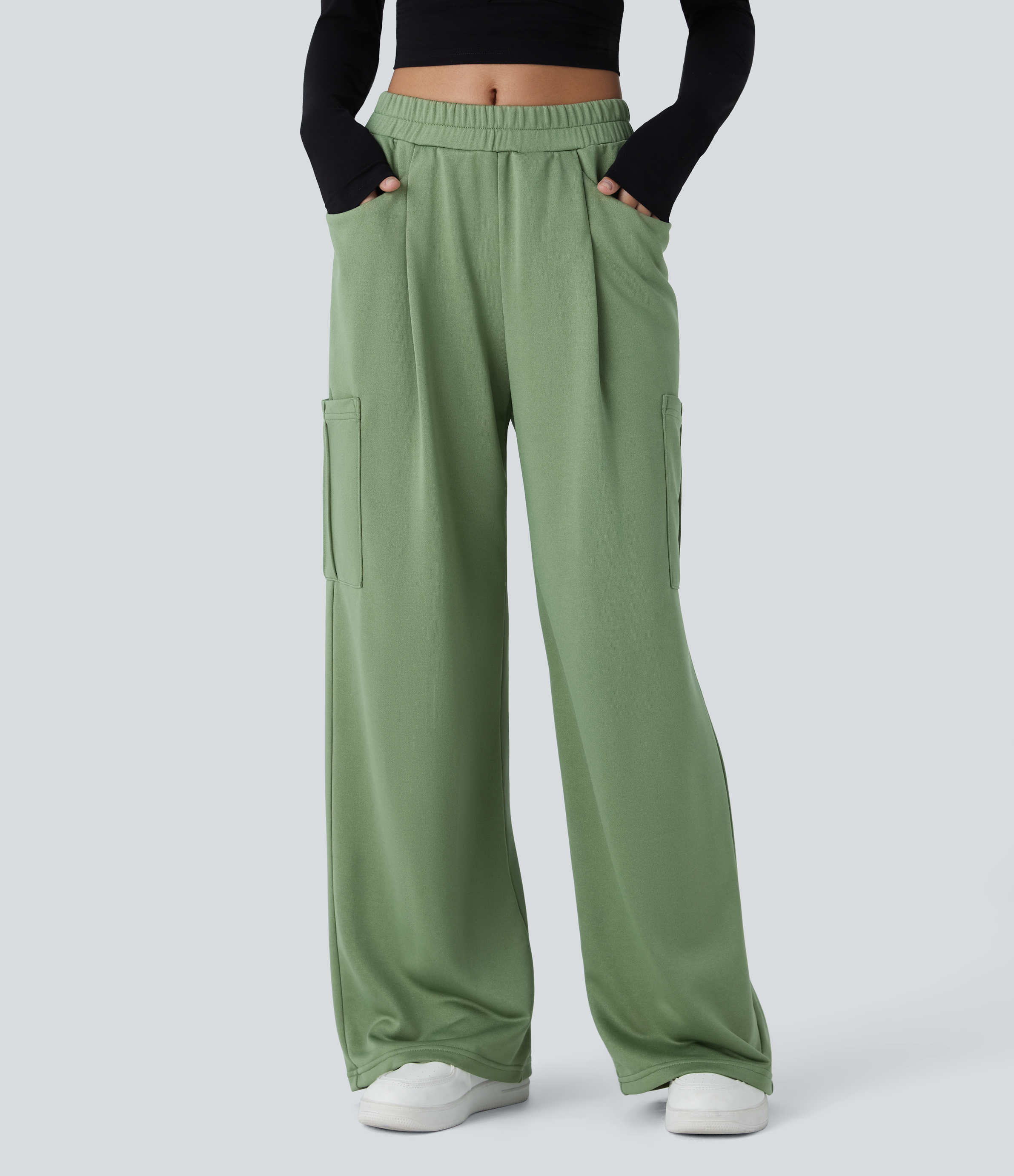 Halara Mid High Waisted Multiple Pockets Casual Cargo Pants  - Watercress - XL(regular) sweatpants jogger pants stacked sweatpants 