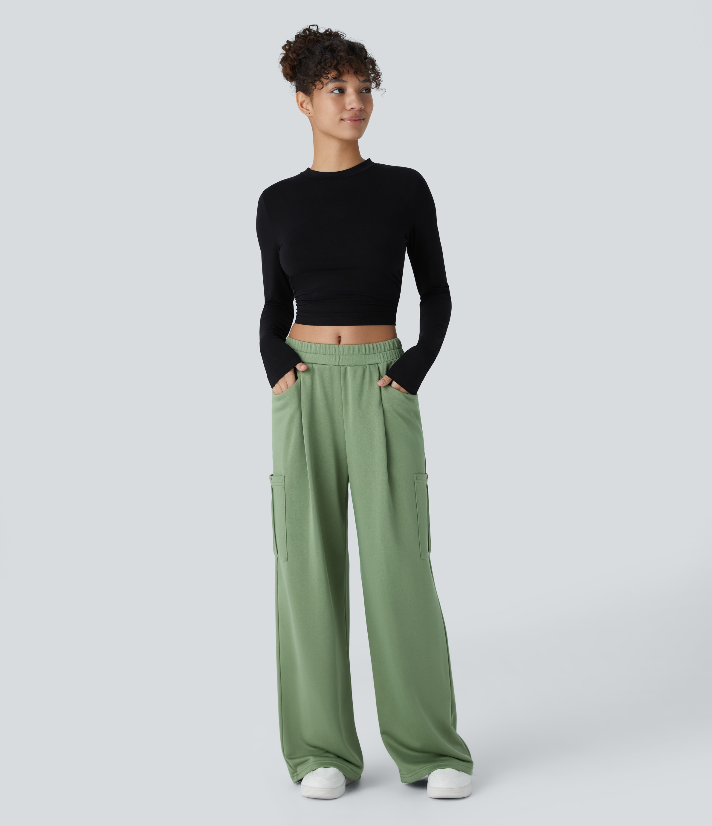 Halara Mid High Waisted Multiple Pockets Casual Cargo Pants  - Watercress - XL(regular) sweatpants jogger pants stacked sweatpants 