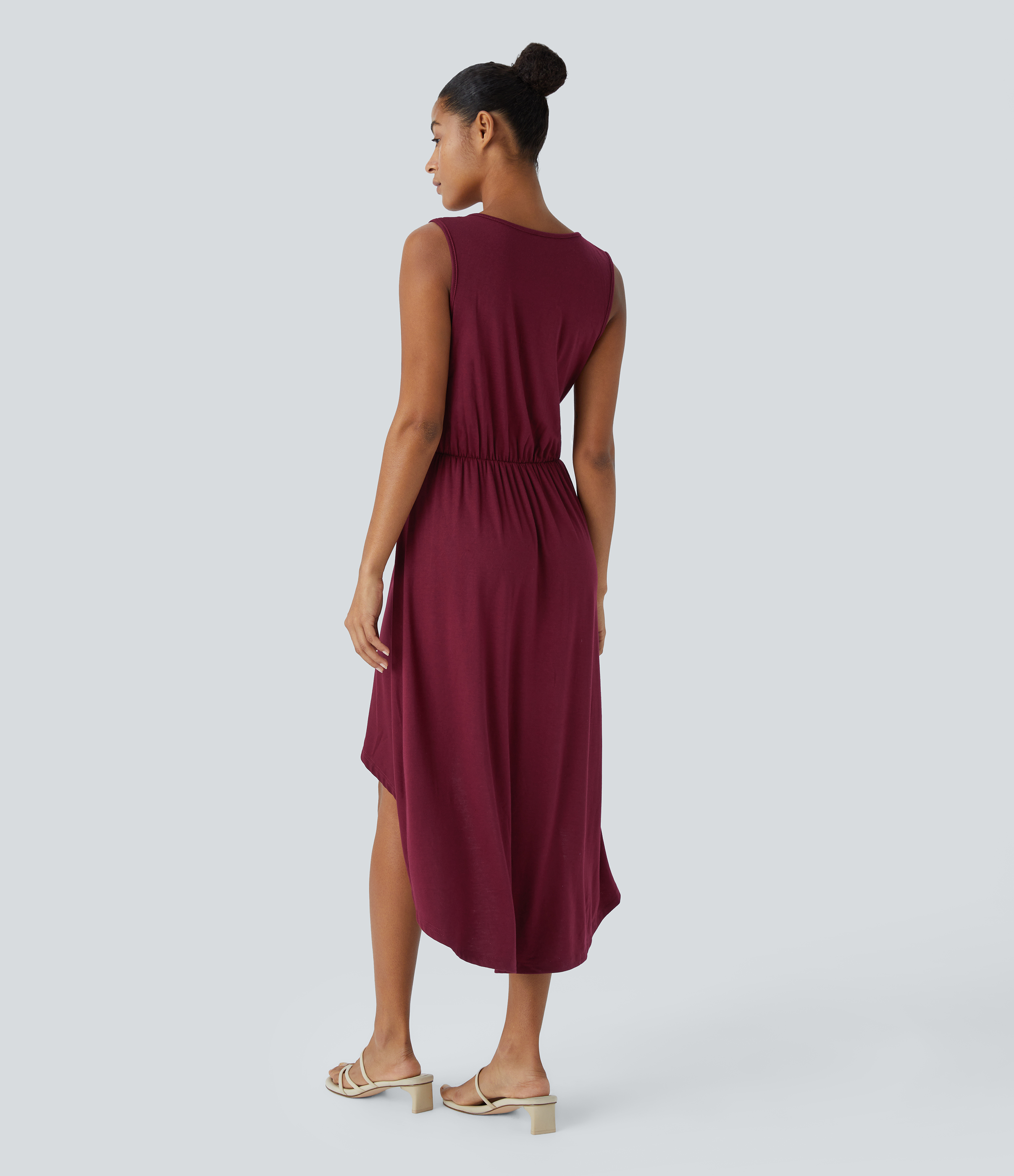 Halara Deep V Neck Sleeveless Plicated High Low Crossover Hem Flowy Midi Casual Dress Casual Dress - Burgundy - S slip dress beach dress 