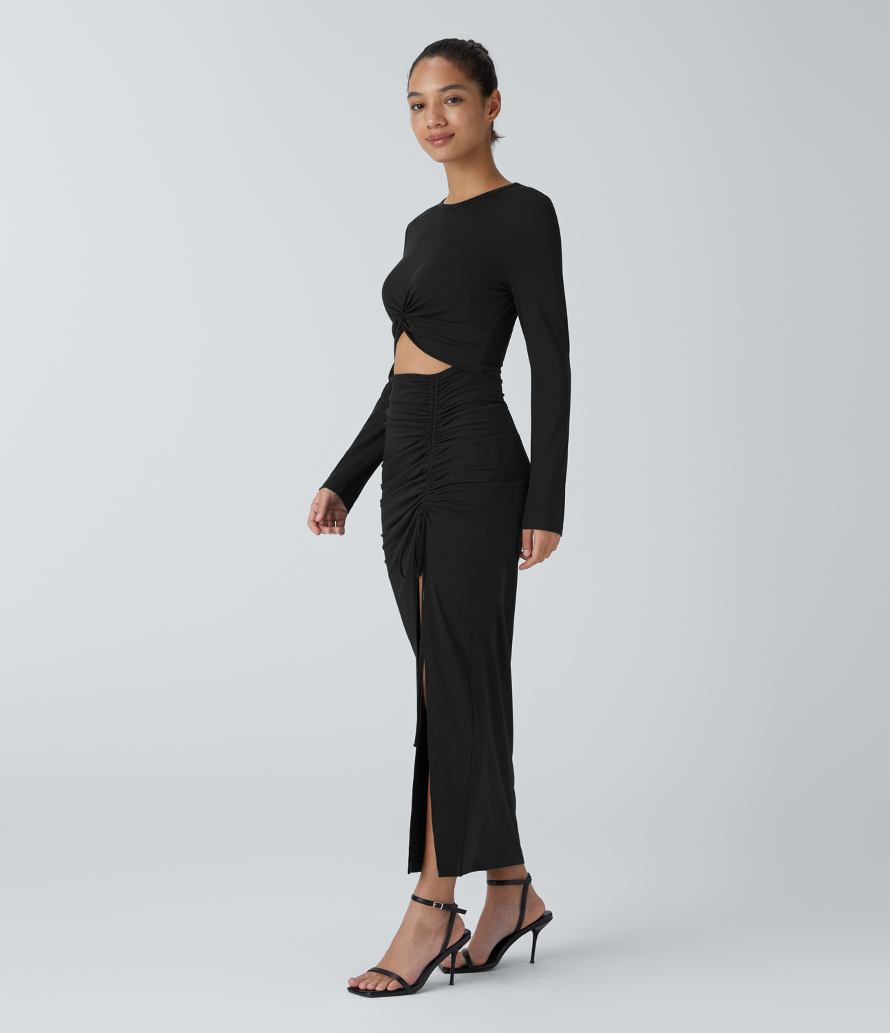 Halara Round Neck Long Sleeve Twisted Cut Out Ruched Drawstring Split Hem Bodycon Maxi Casual Dress Casual Dress - Black - M slip dress 