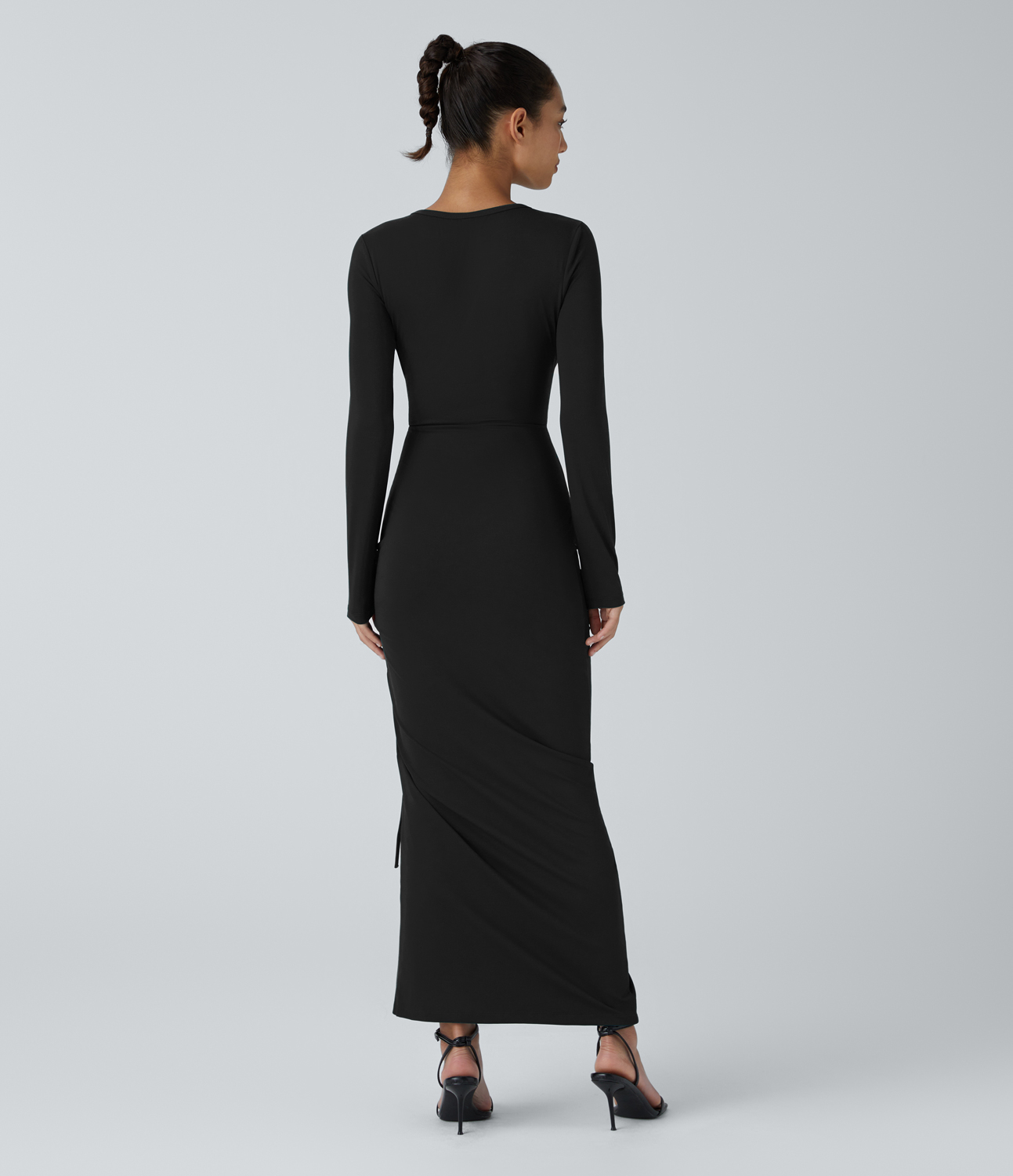 Halara Round Neck Long Sleeve Twisted Cut Out Ruched Drawstring Split Hem Bodycon Maxi Casual Dress Casual Dress - Black - M slip dress 