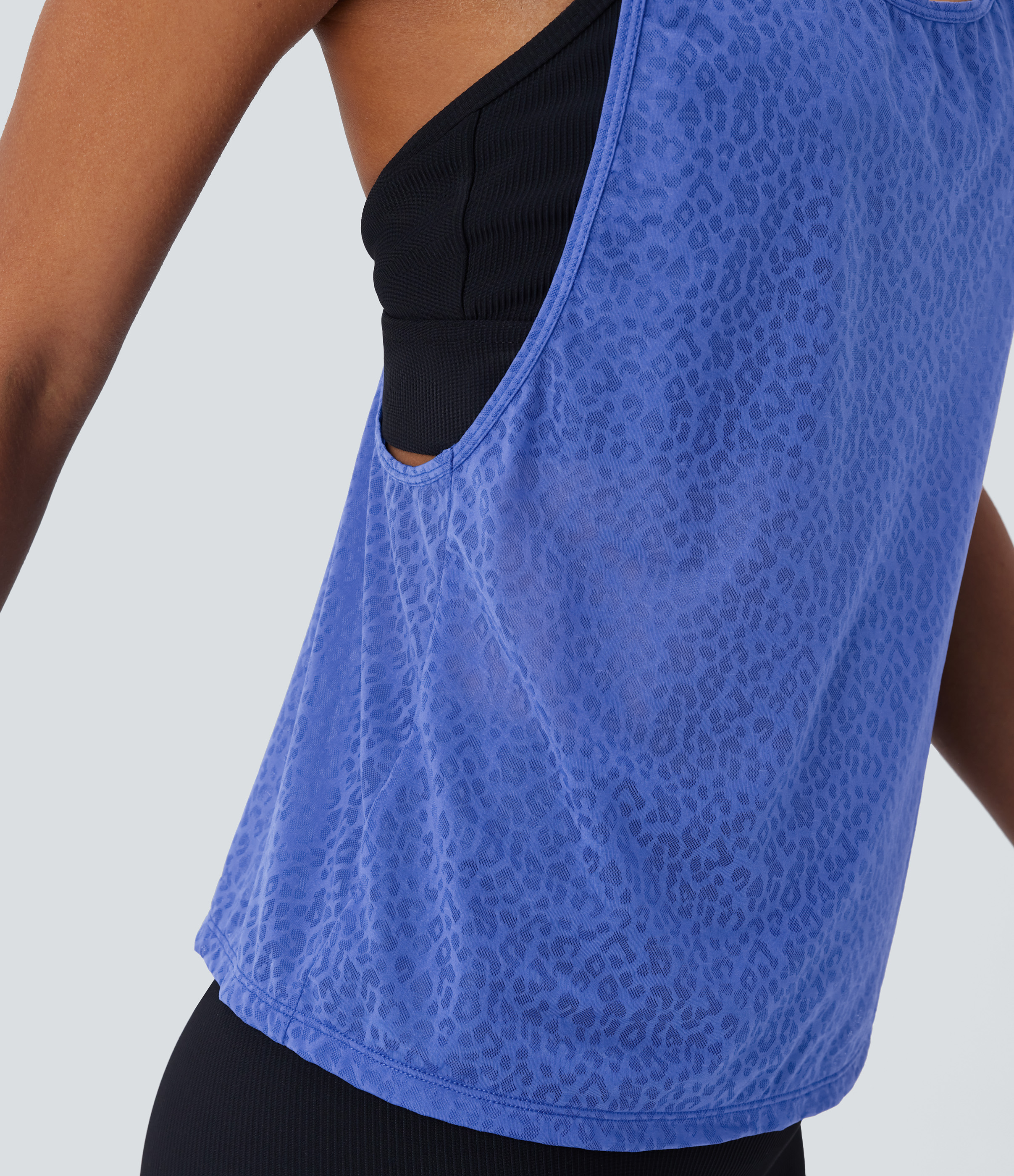 Halara Sheer Racerback Leopard Jacquard Training Tank Top Tank Top - Amparo Blue - XS golf tops halter top tunic tops sleeveless tops 